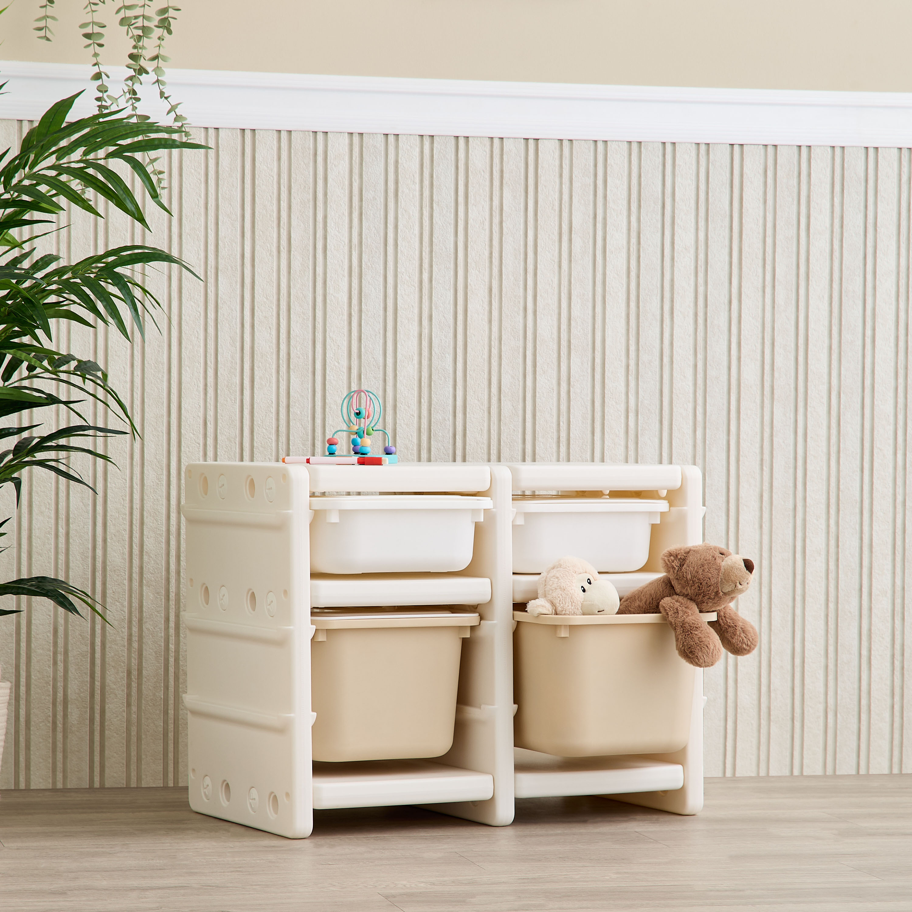 Little Bloomers 2-Rows Toy Storage Side Cabinet with Storage Baskets & Cover - White & Camel-baby-nursery-furniture-wardrobesandstorage-image-1