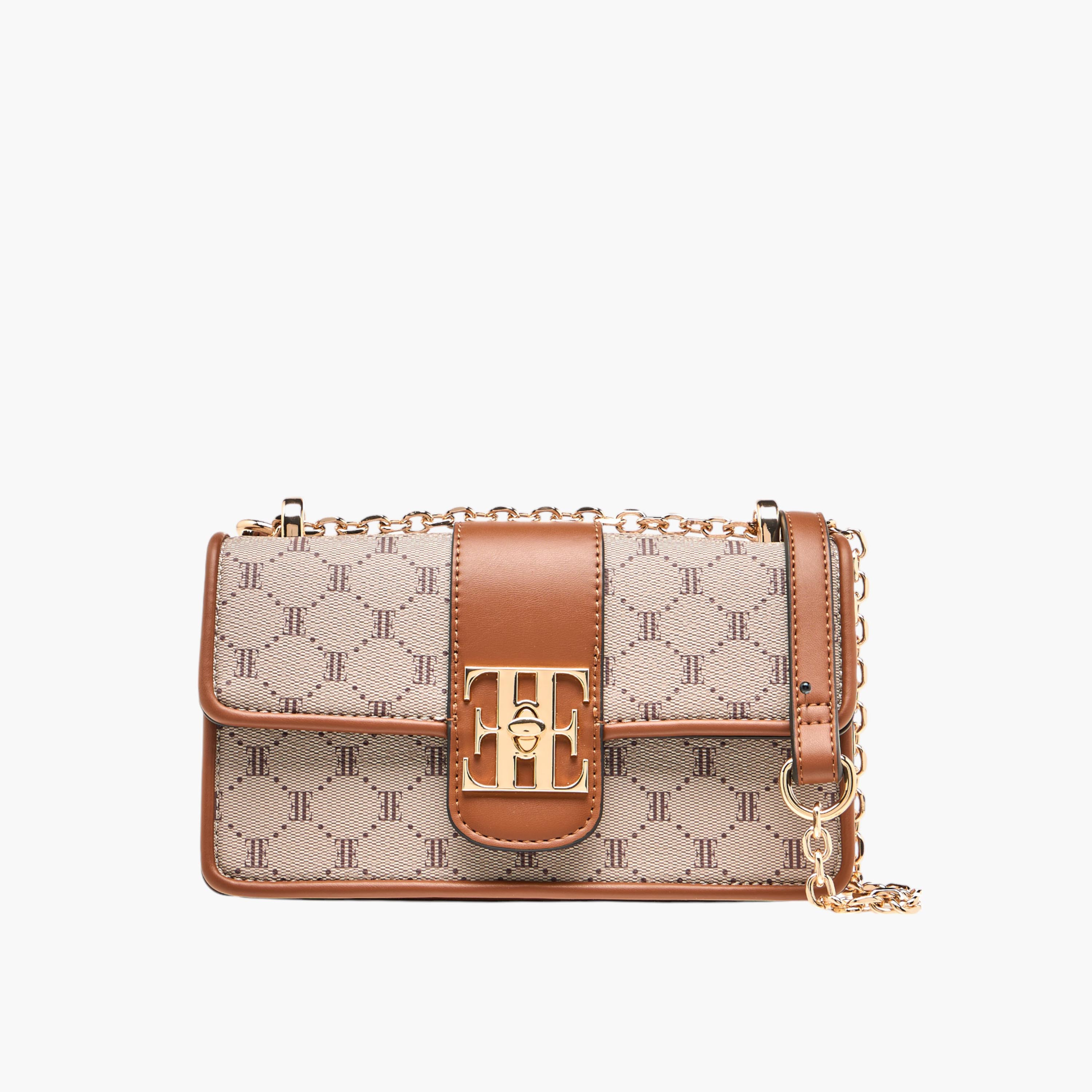 Elle Monogram Print Crossbody Bag with Chain Strap and Flap Closure-women-bagsandwallets-handbags-image-1