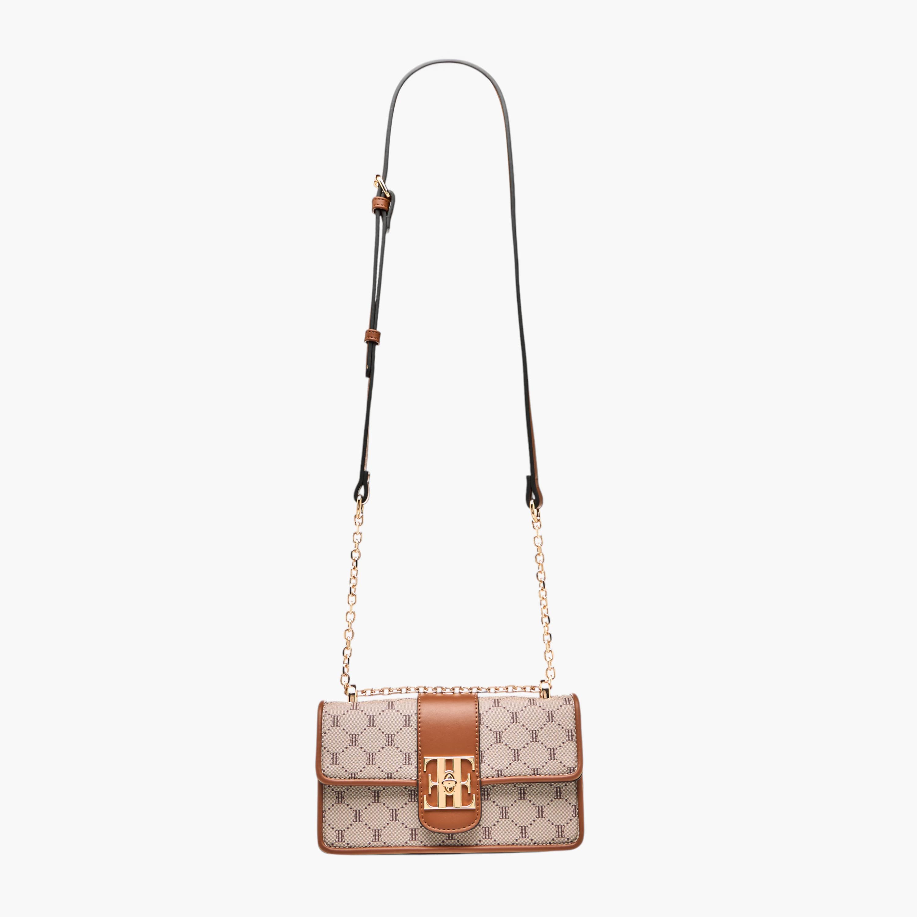 Elle Monogram Print Crossbody Bag with Chain Strap and Flap Closure-women-bagsandwallets-handbags-image-2