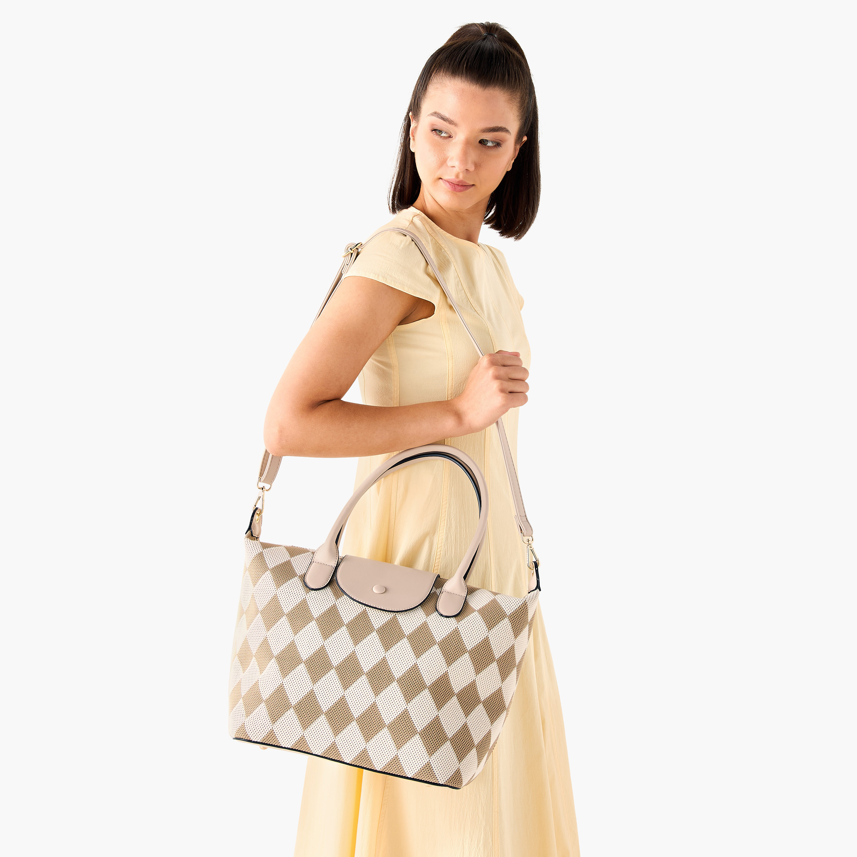 Bessie London Checked Tote Bag with Double Handles and Flap Closure-women-bagsandwallets-handbags-image-2