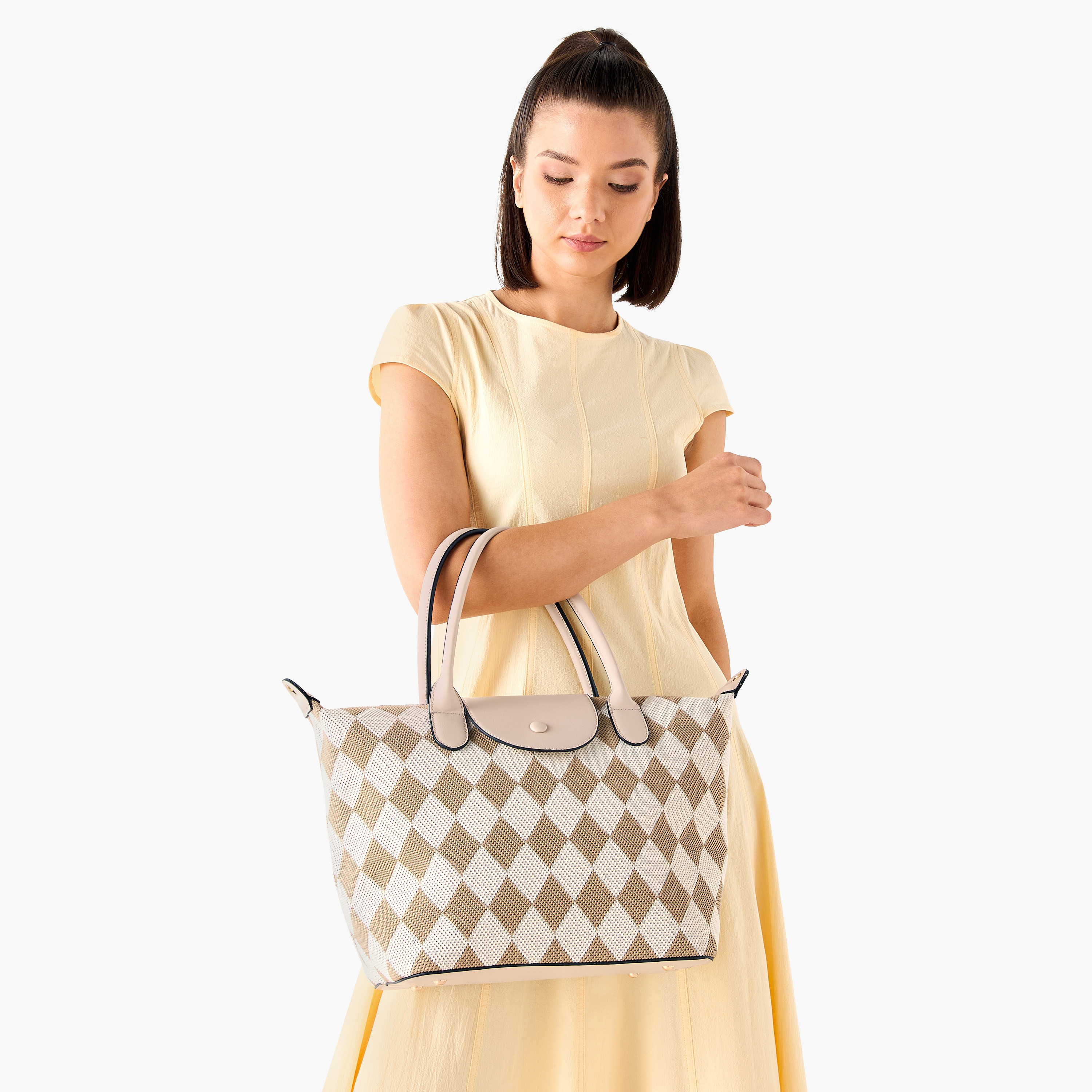 Bessie London Checked Tote Bag with Double Handles and Flap Closure-women-bagsandwallets-handbags-image-8