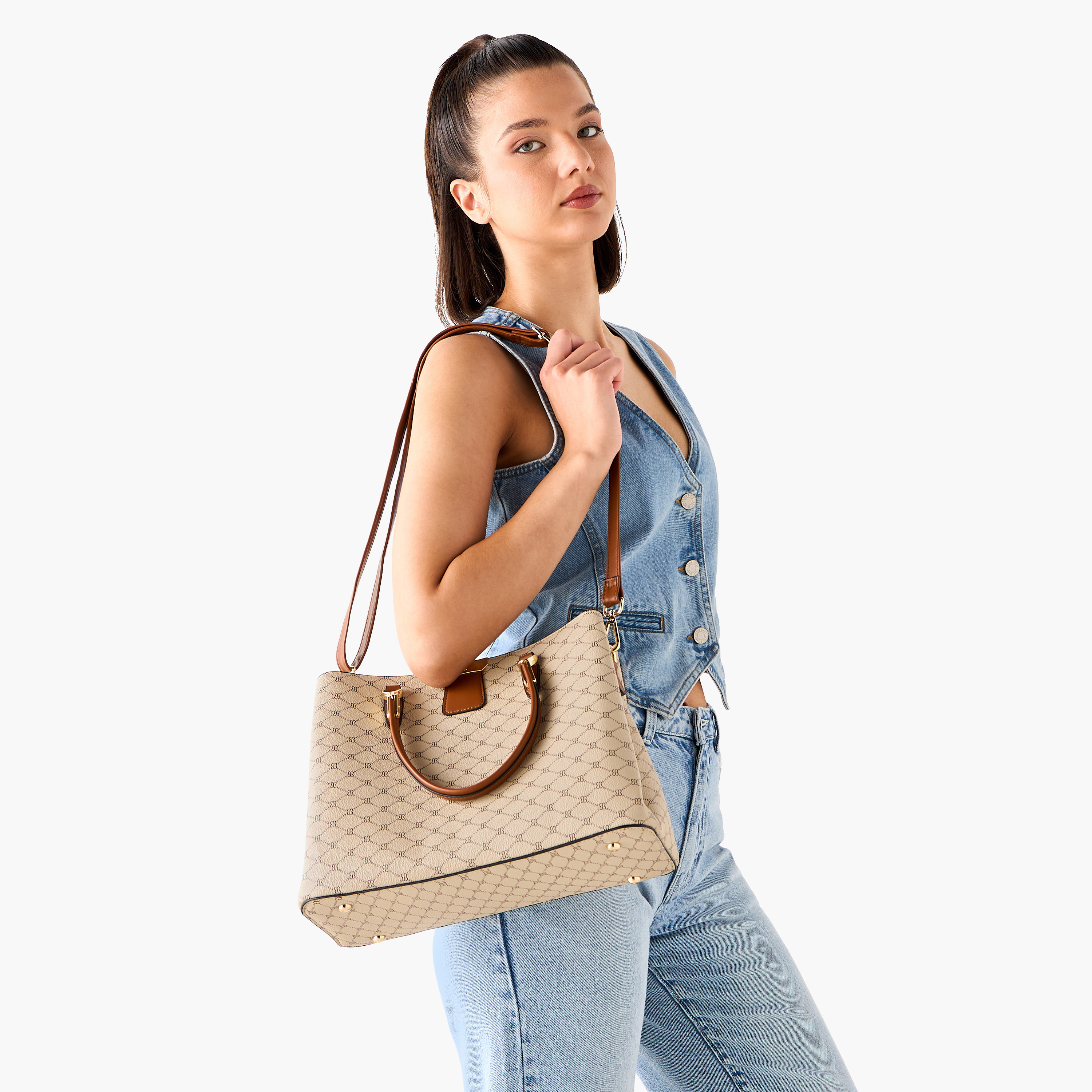 Bessie London Monogram Print Tote Bag with Double Handles and Zip Around Wallet-women-bagsandwallets-handbags-image-2