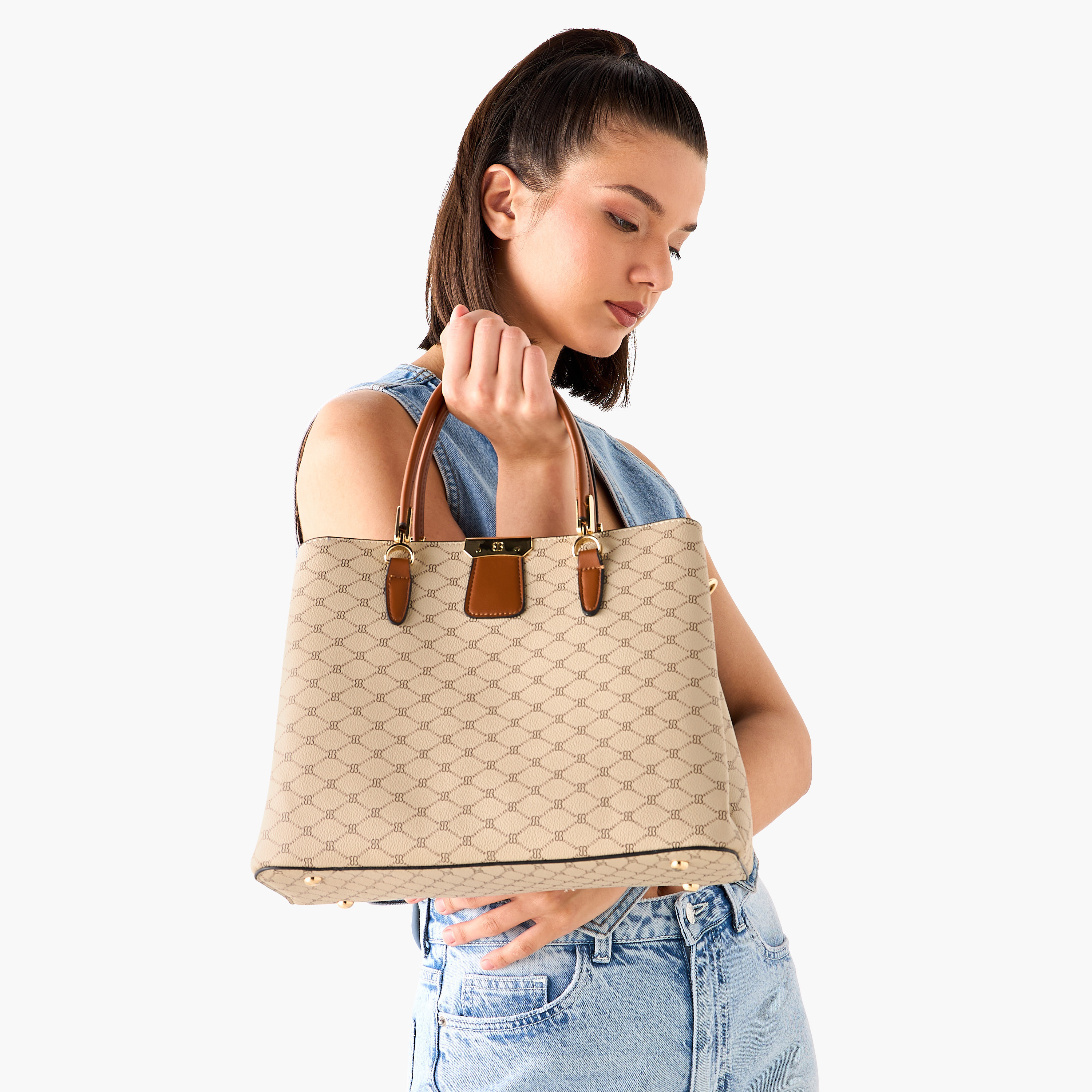 Bessie London Monogram Print Tote Bag with Double Handles and Zip Around Wallet-women-bagsandwallets-handbags-image-9
