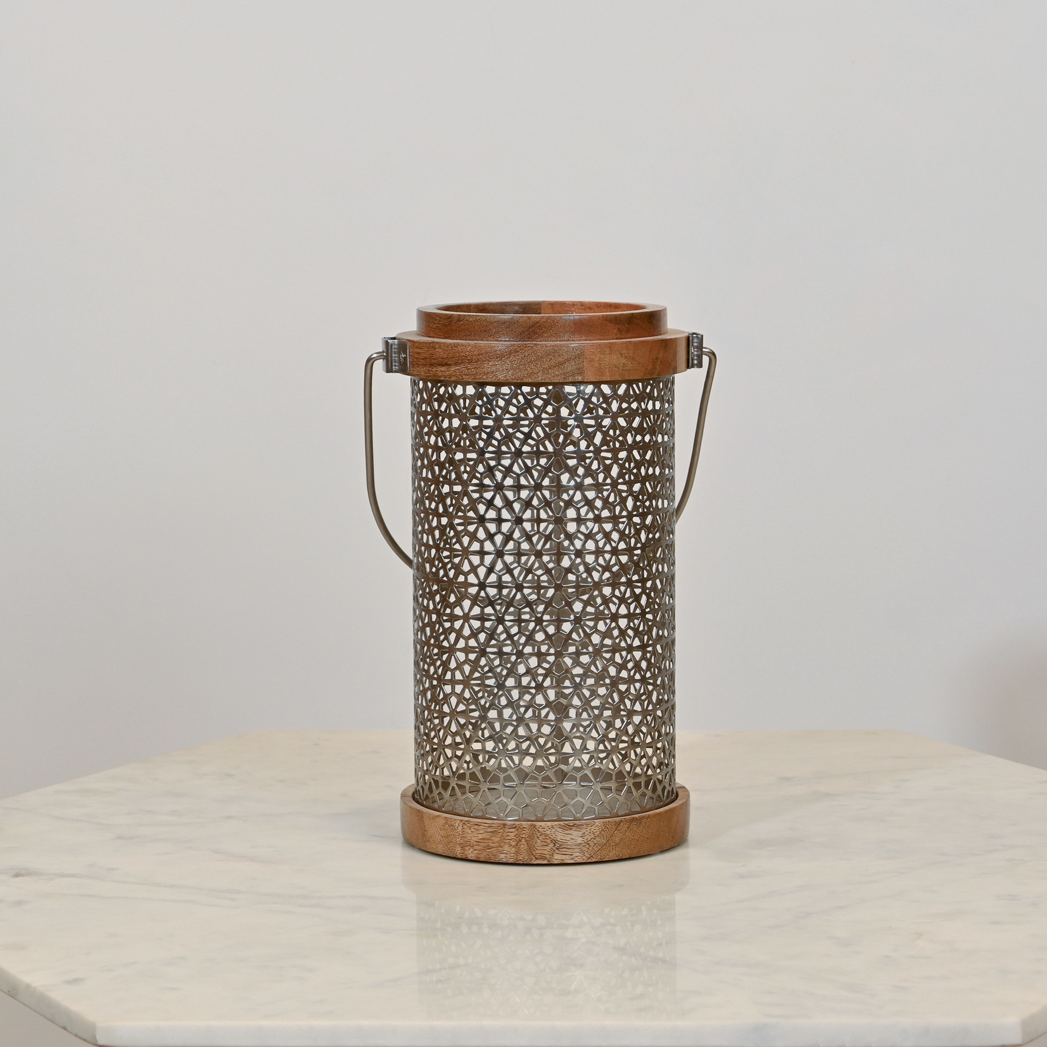 Home Carving Cylindrical Cutwork Lantern with Wooden Detail - 19x33 cms-household-decor-candleholdersandlanterns-image-2
