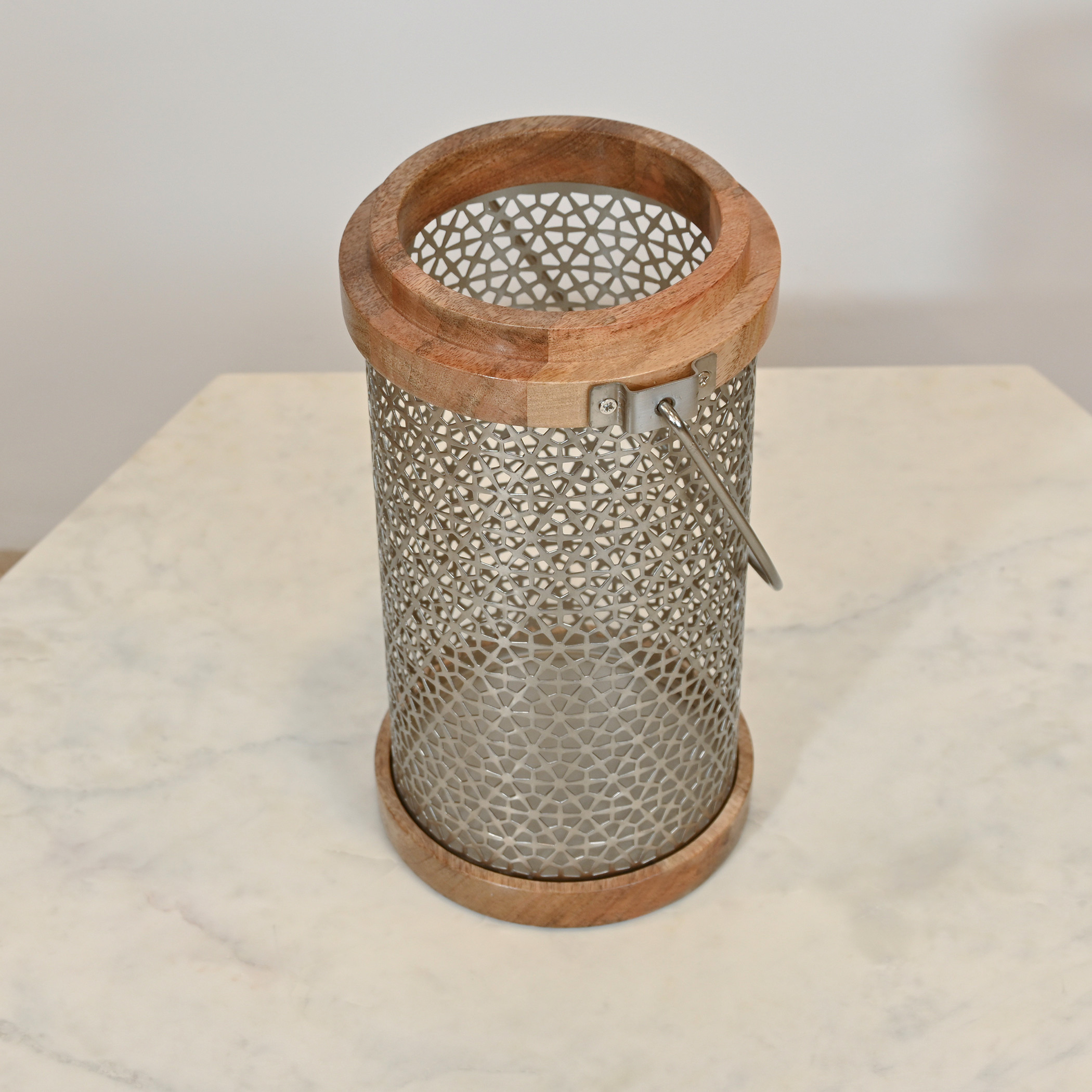 Home Carving Cylindrical Cutwork Lantern with Wooden Detail - 19x33 cms-household-decor-candleholdersandlanterns-image-3