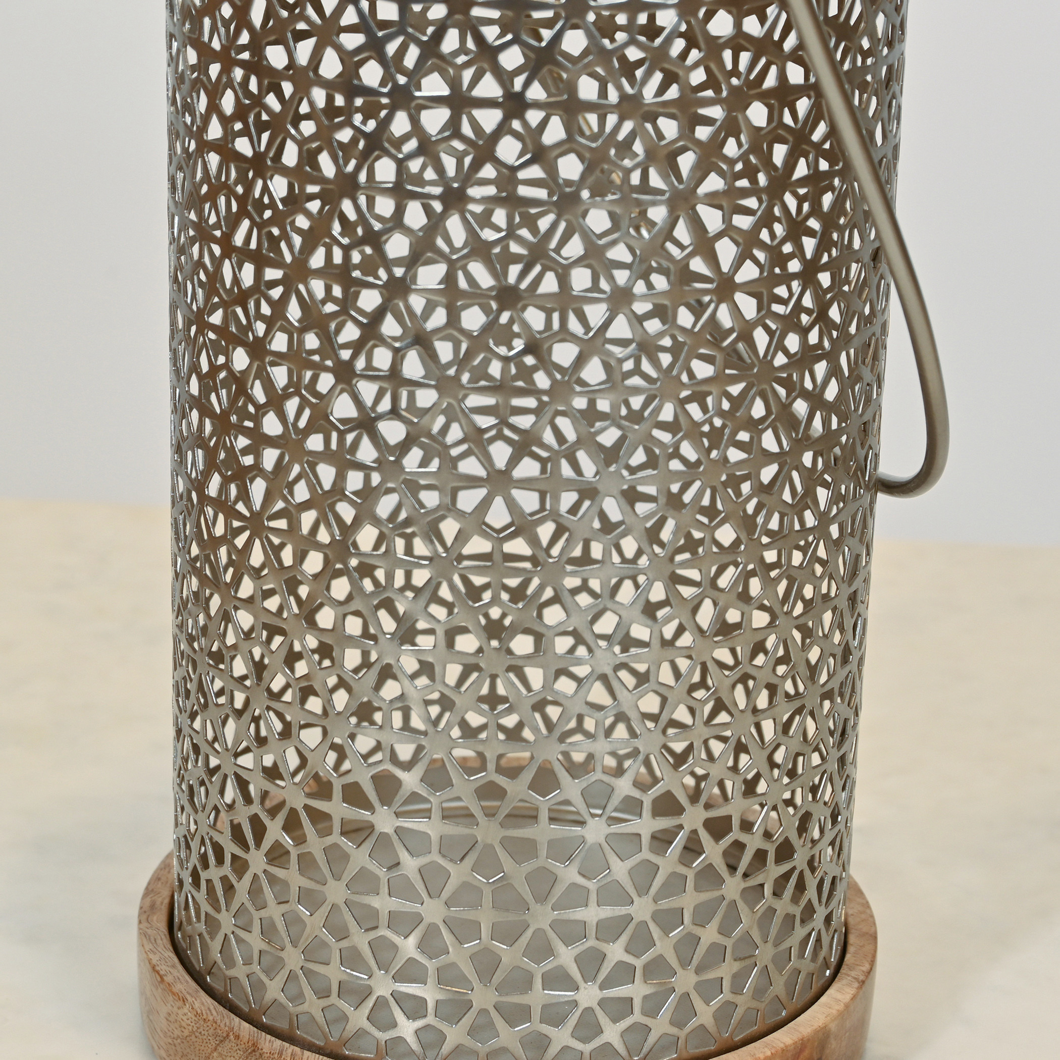 Home Carving Cylindrical Cutwork Lantern with Wooden Detail - 19x33 cms-household-decor-candleholdersandlanterns-image-4