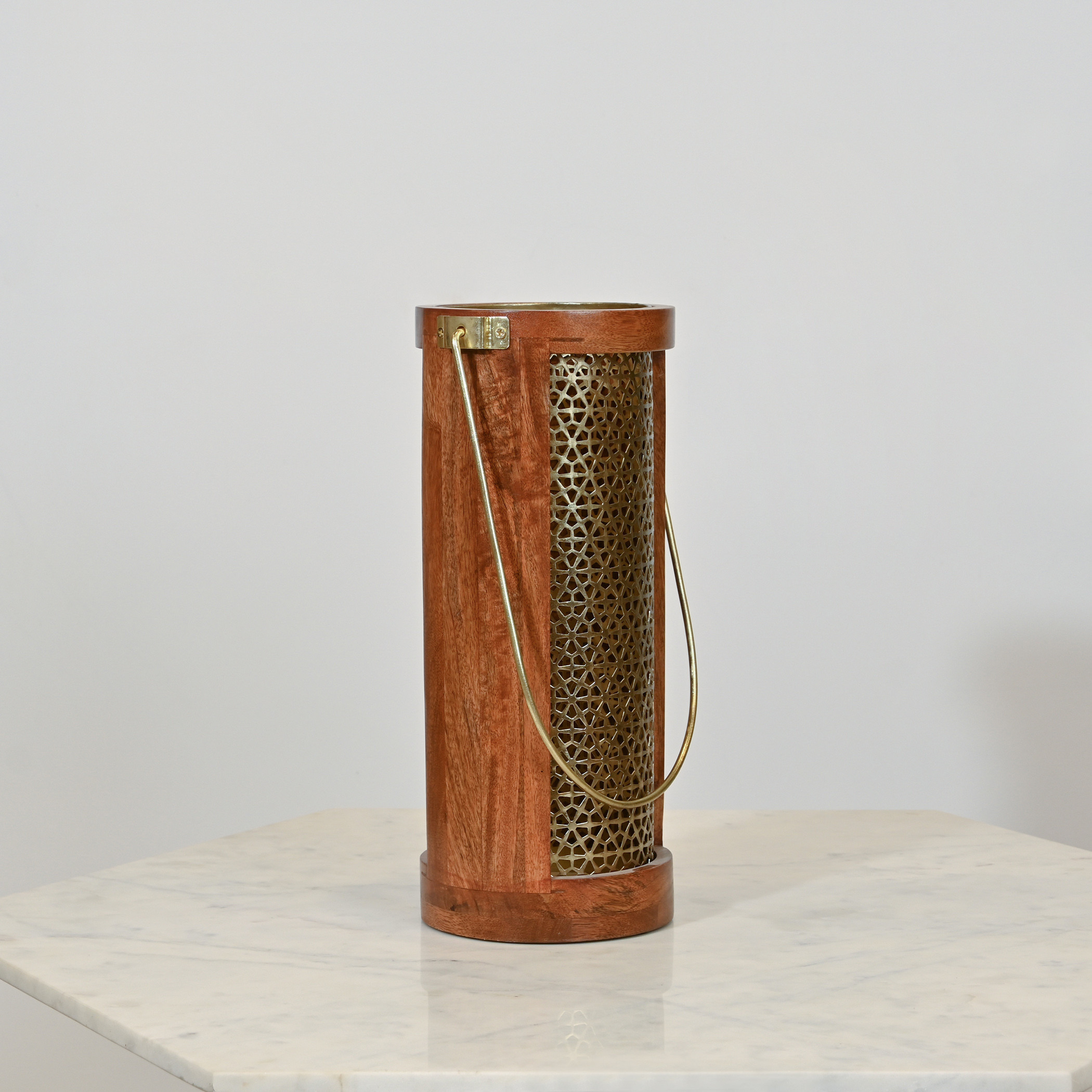 Home Carving Cylindrical Cutwork Lantern with Wooden Detail - 16x39 cms-household-decor-candleholdersandlanterns-image-1