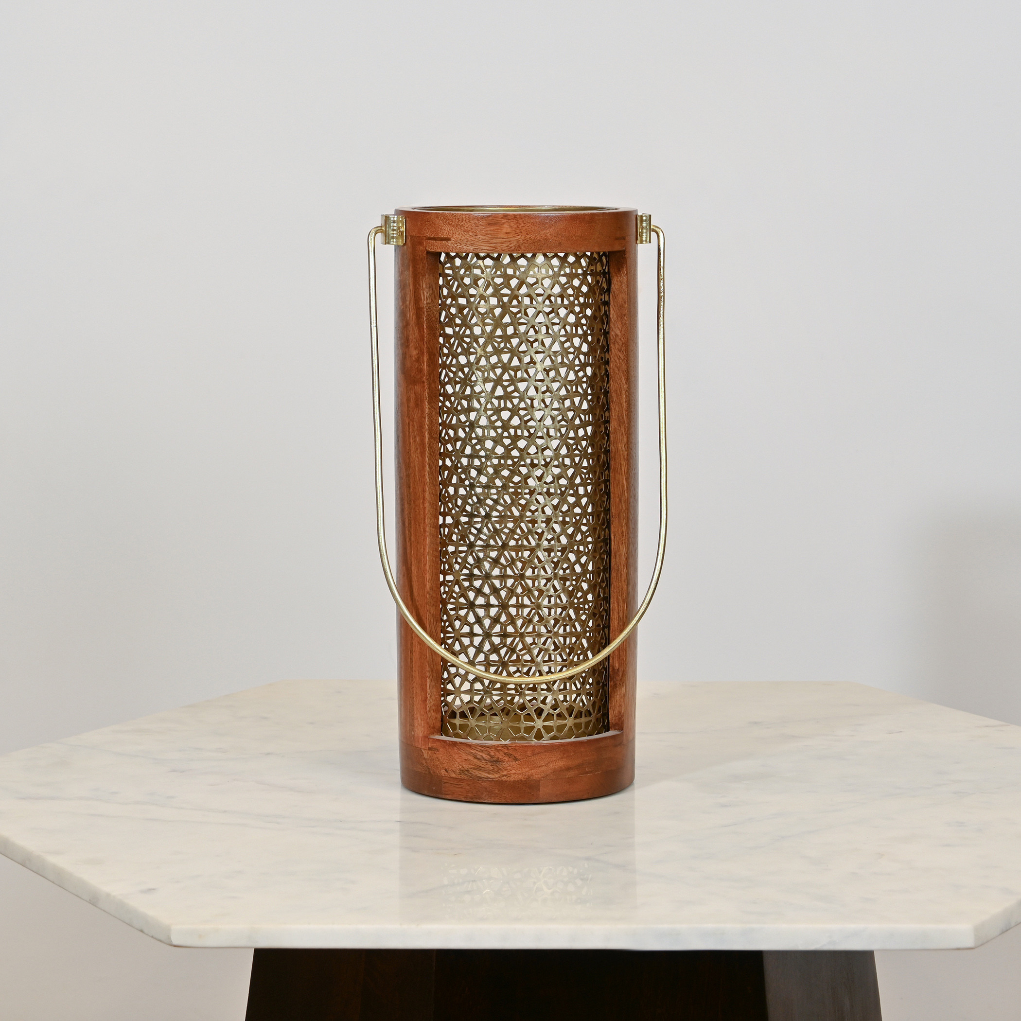 Home Carving Cylindrical Cutwork Lantern with Wooden Detail - 16x39 cms-household-decor-candleholdersandlanterns-image-2