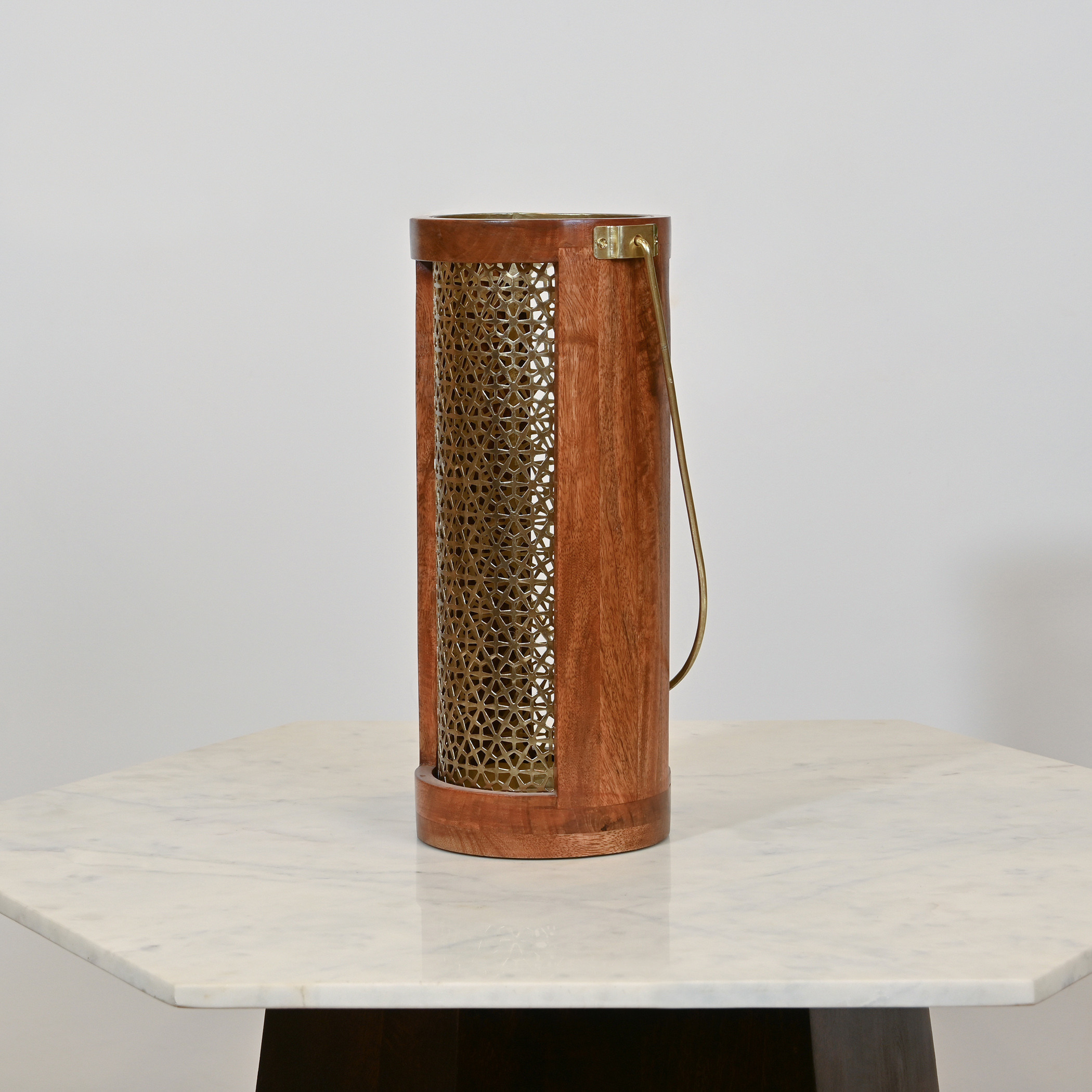 Home Carving Cylindrical Cutwork Lantern with Wooden Detail - 16x39 cms-household-decor-candleholdersandlanterns-image-3