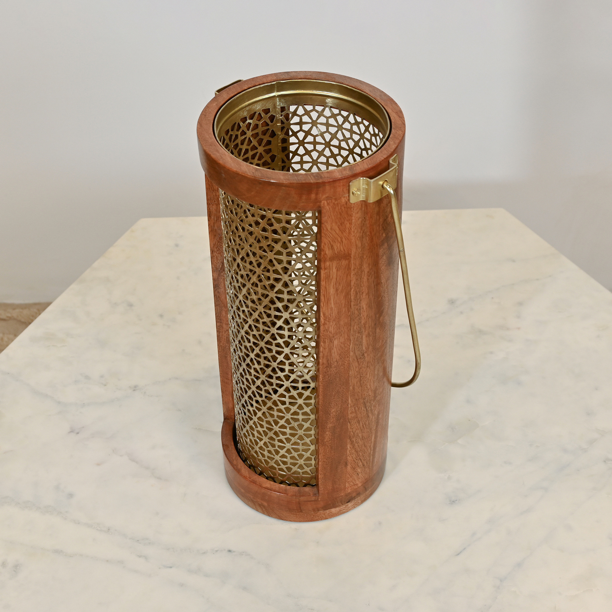 Home Carving Cylindrical Cutwork Lantern with Wooden Detail - 16x39 cms-household-decor-candleholdersandlanterns-image-4