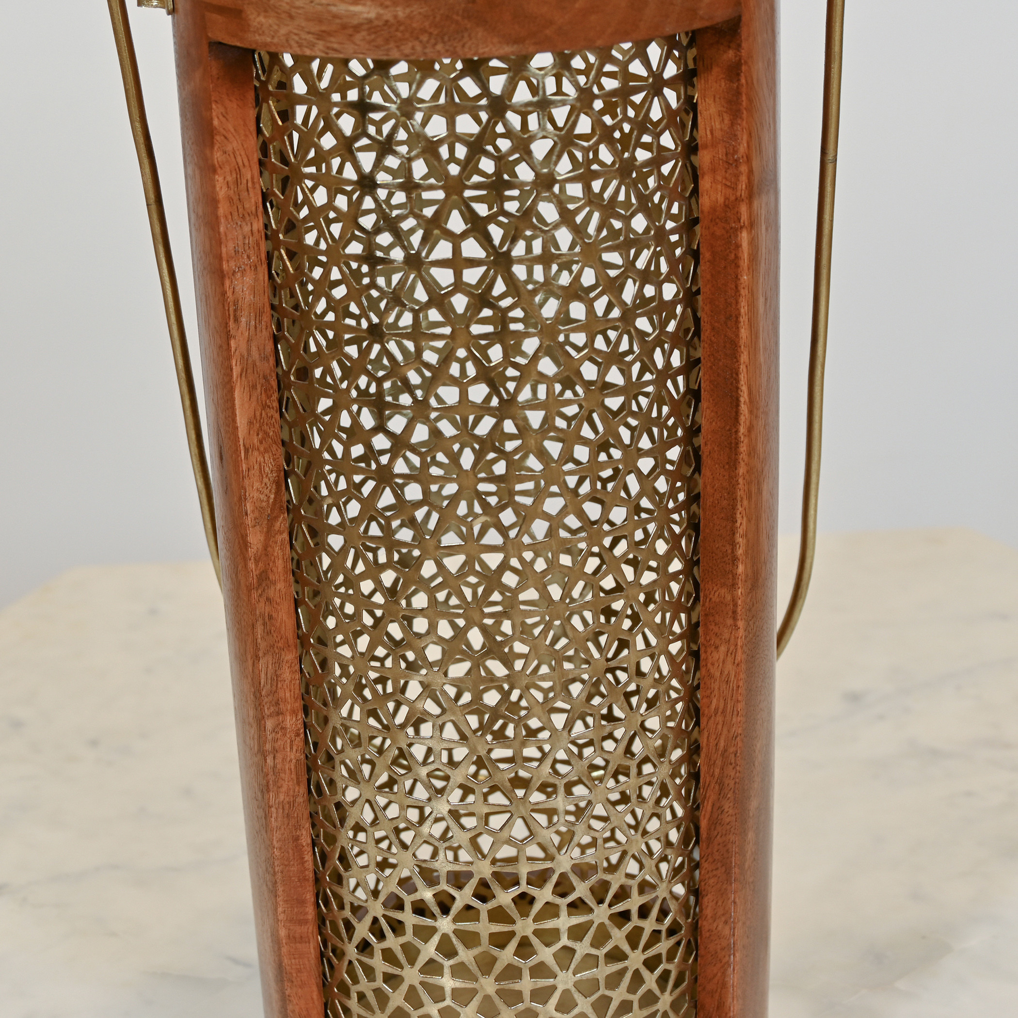 Home Carving Cylindrical Cutwork Lantern with Wooden Detail - 16x39 cms-household-decor-candleholdersandlanterns-image-5