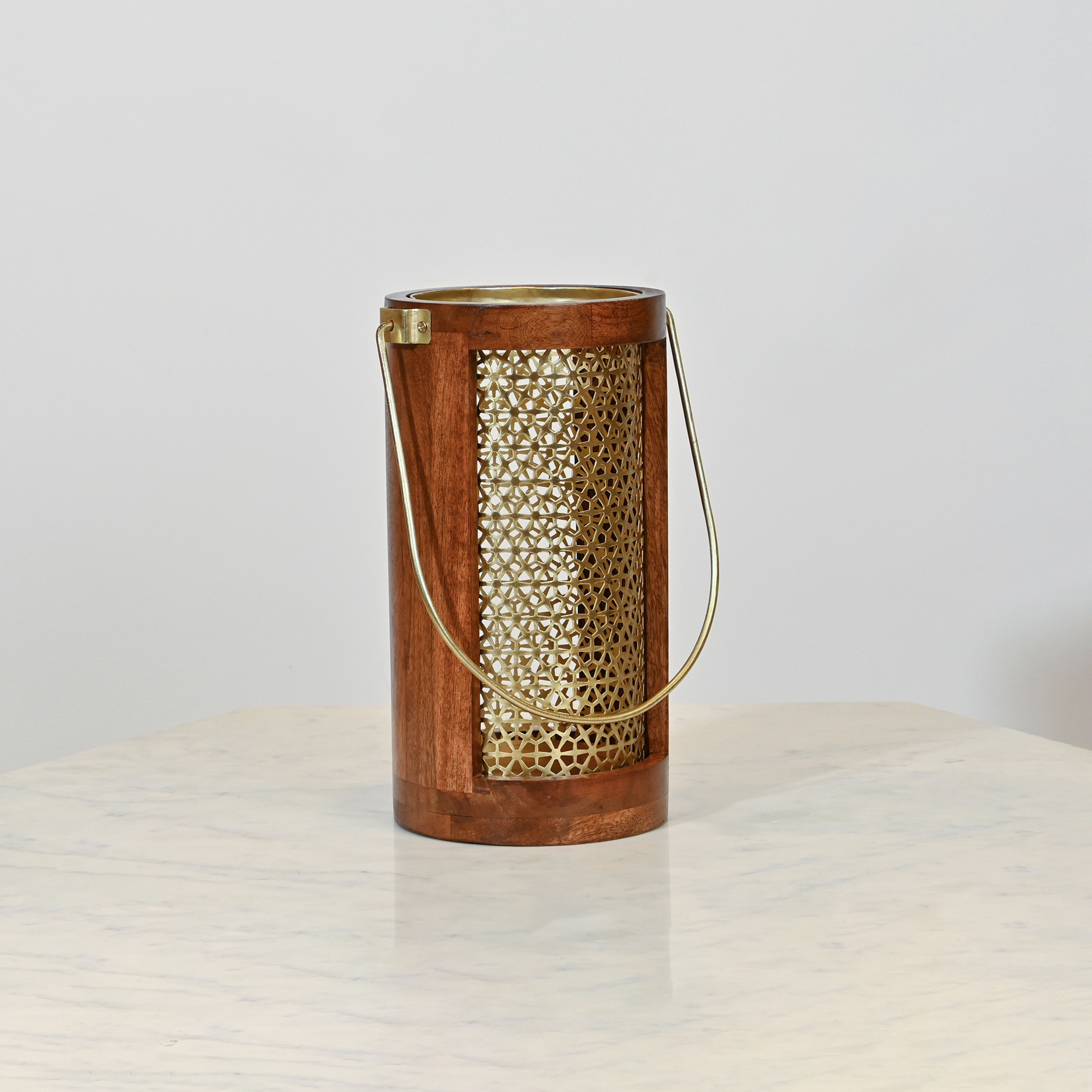 Home Carving Cylindrical Cutwork Lantern with Wooden Detail - 16x30 cms-household-decor-candleholdersandlanterns-image-1