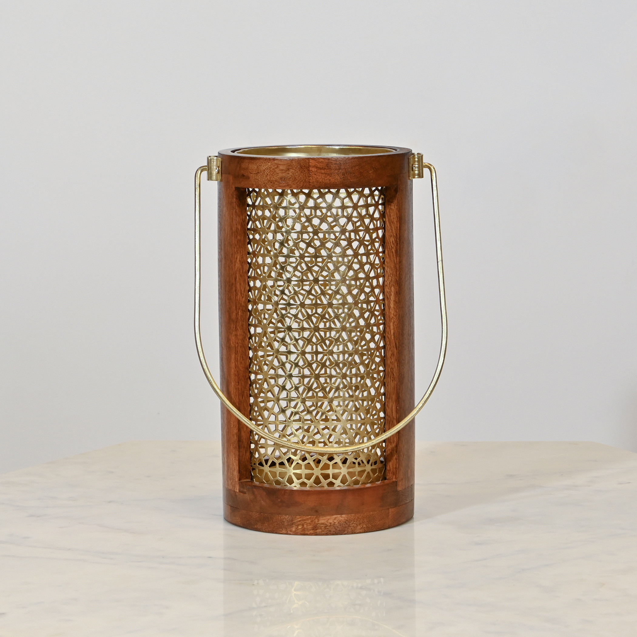 Home Carving Cylindrical Cutwork Lantern with Wooden Detail - 16x30 cms-household-decor-candleholdersandlanterns-image-2