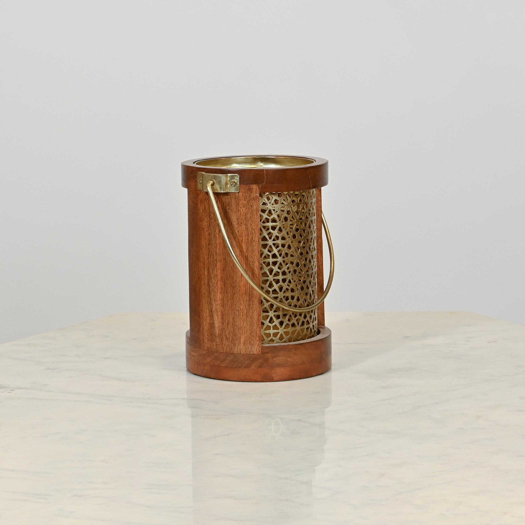 Home Carving Cylindrical Cutwork Lantern with Wooden Detail - 16x23 cms-household-decor-candleholdersandlanterns-image-1