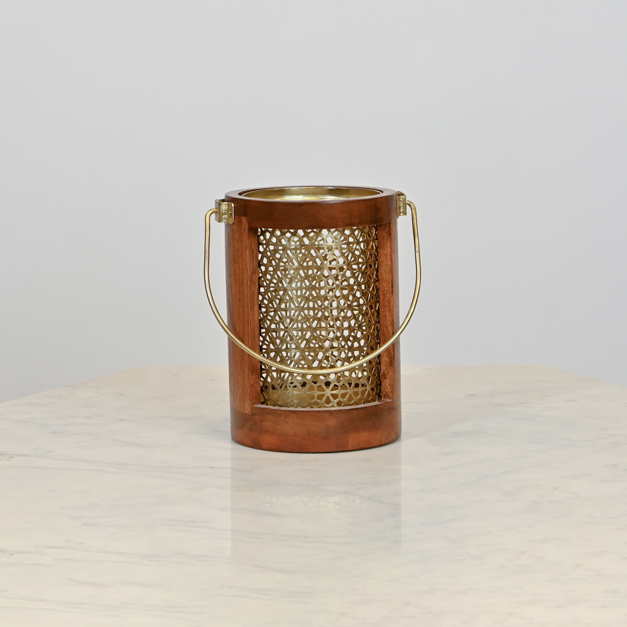 Home Carving Cylindrical Cutwork Lantern with Wooden Detail - 16x23 cms-household-decor-candleholdersandlanterns-image-2