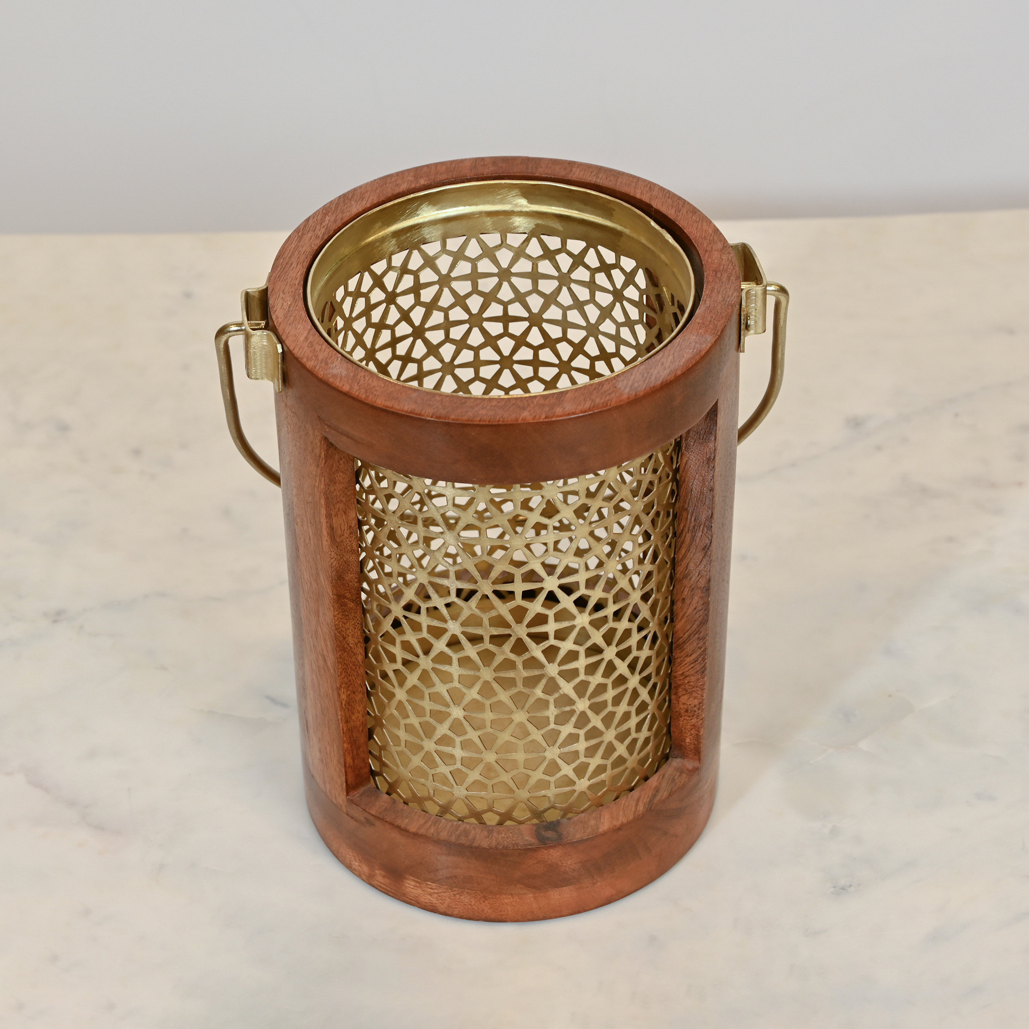 Home Carving Cylindrical Cutwork Lantern with Wooden Detail - 16x23 cms-household-decor-candleholdersandlanterns-image-3