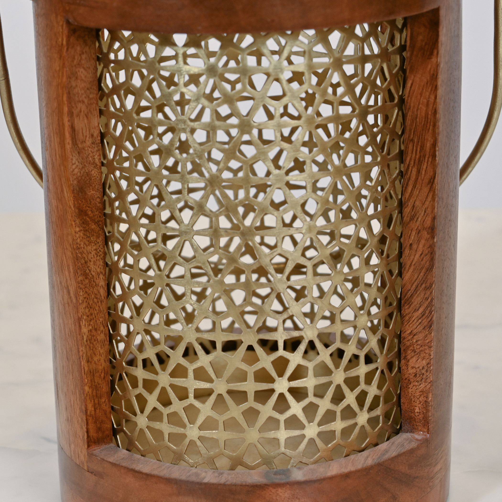 Home Carving Cylindrical Cutwork Lantern with Wooden Detail - 16x23 cms-household-decor-candleholdersandlanterns-image-4