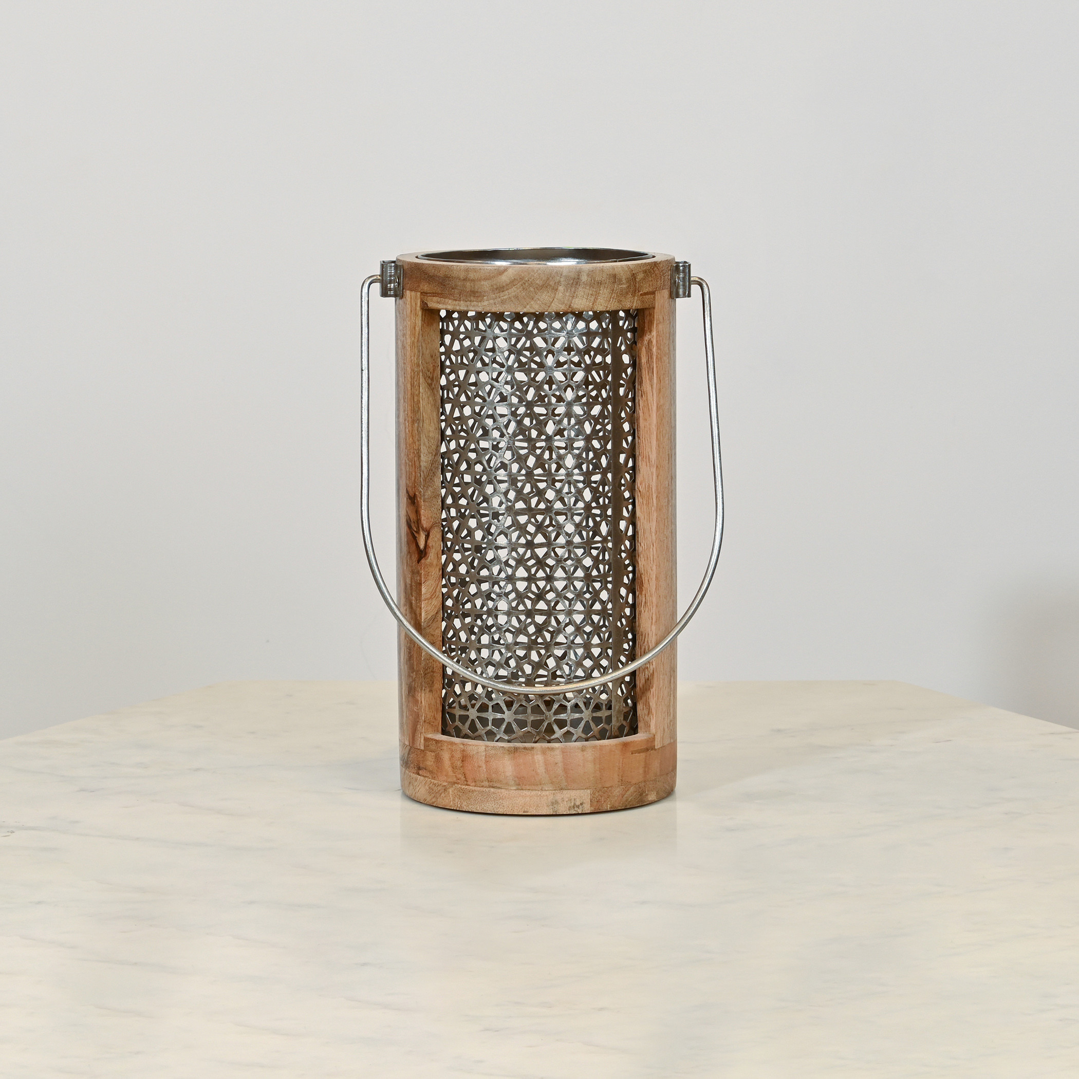 Home Carving Cylindrical Cutwork Lantern with Wooden Detail - 16x30 cms-household-decor-candleholdersandlanterns-image-1