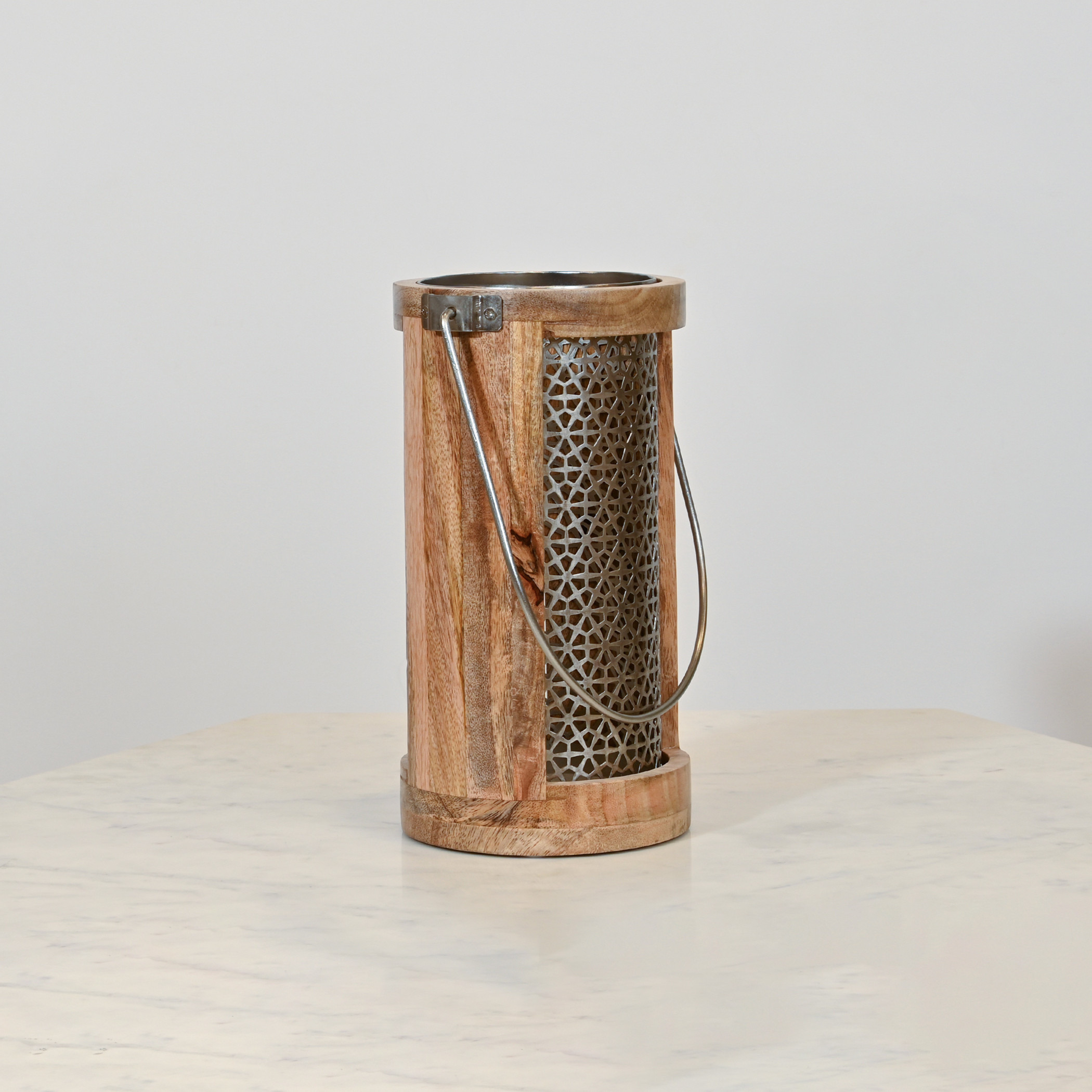 Home Carving Cylindrical Cutwork Lantern with Wooden Detail - 16x30 cms-household-decor-candleholdersandlanterns-image-2