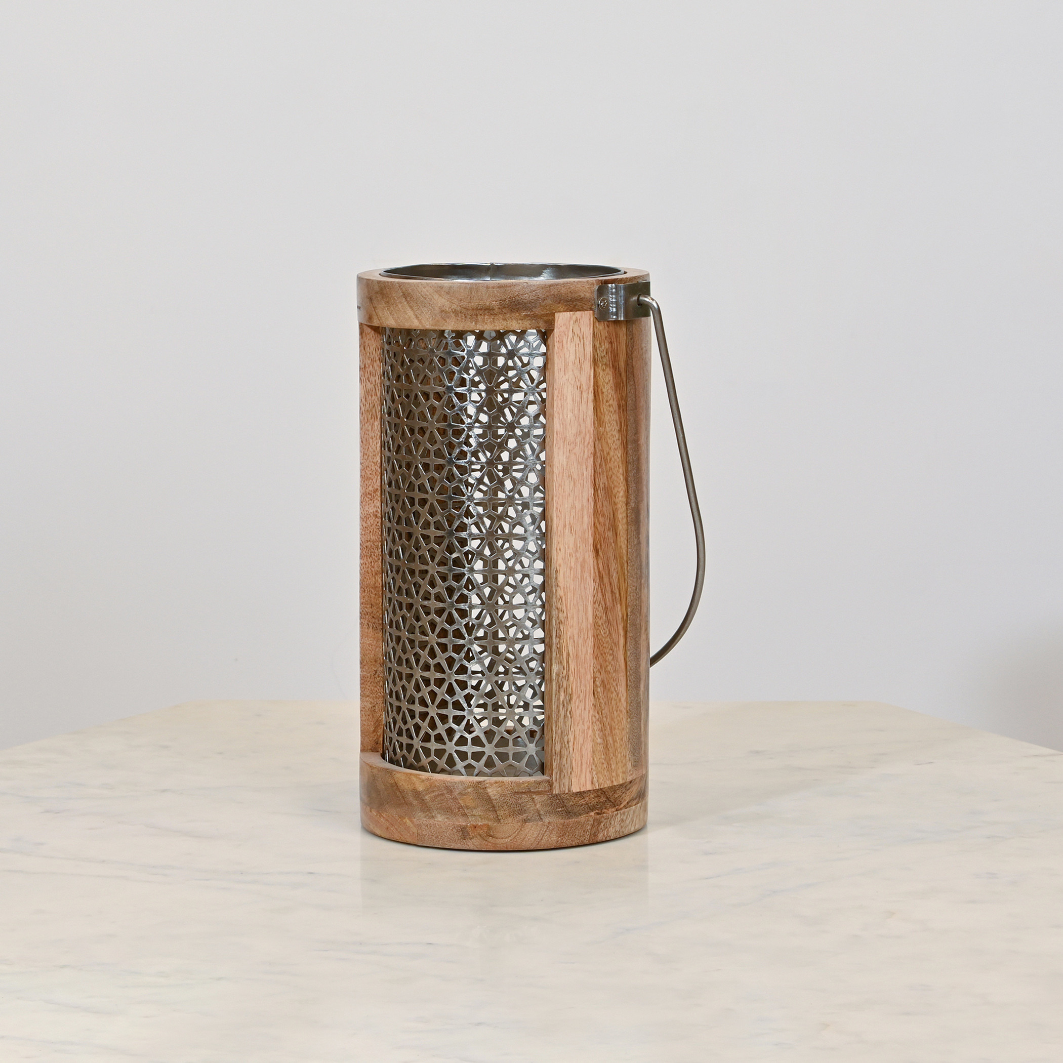 Home Carving Cylindrical Cutwork Lantern with Wooden Detail - 16x30 cms-household-decor-candleholdersandlanterns-image-3