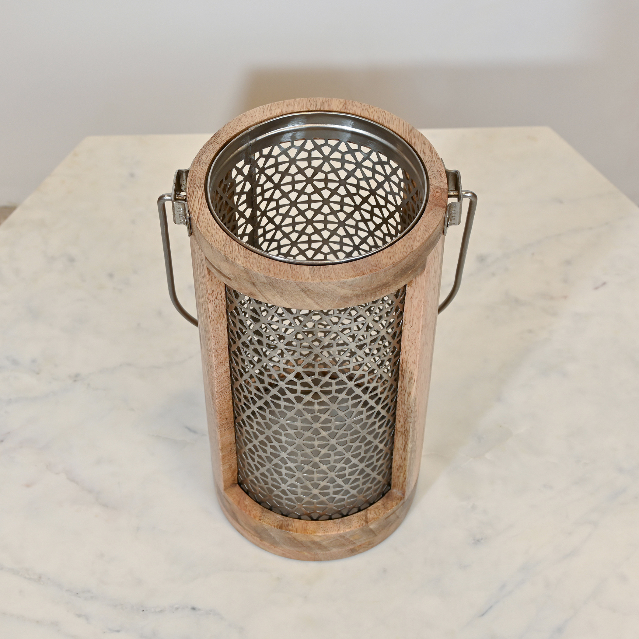 Home Carving Cylindrical Cutwork Lantern with Wooden Detail - 16x30 cms-household-decor-candleholdersandlanterns-image-4
