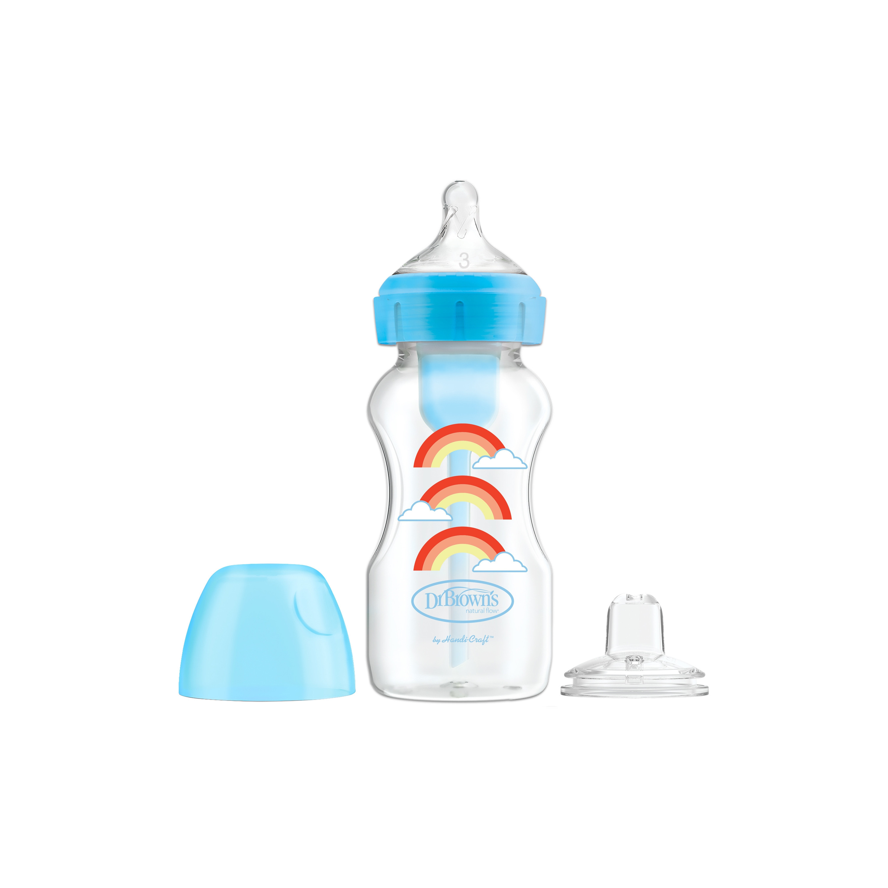 Dr. Brown's Wide Neck Options+ Glass Feeding Bottle with Sippy Spout - Rainbow Blue - 270 ml-baby-feeding-feedingbottles-bottlesandteats-image-1
