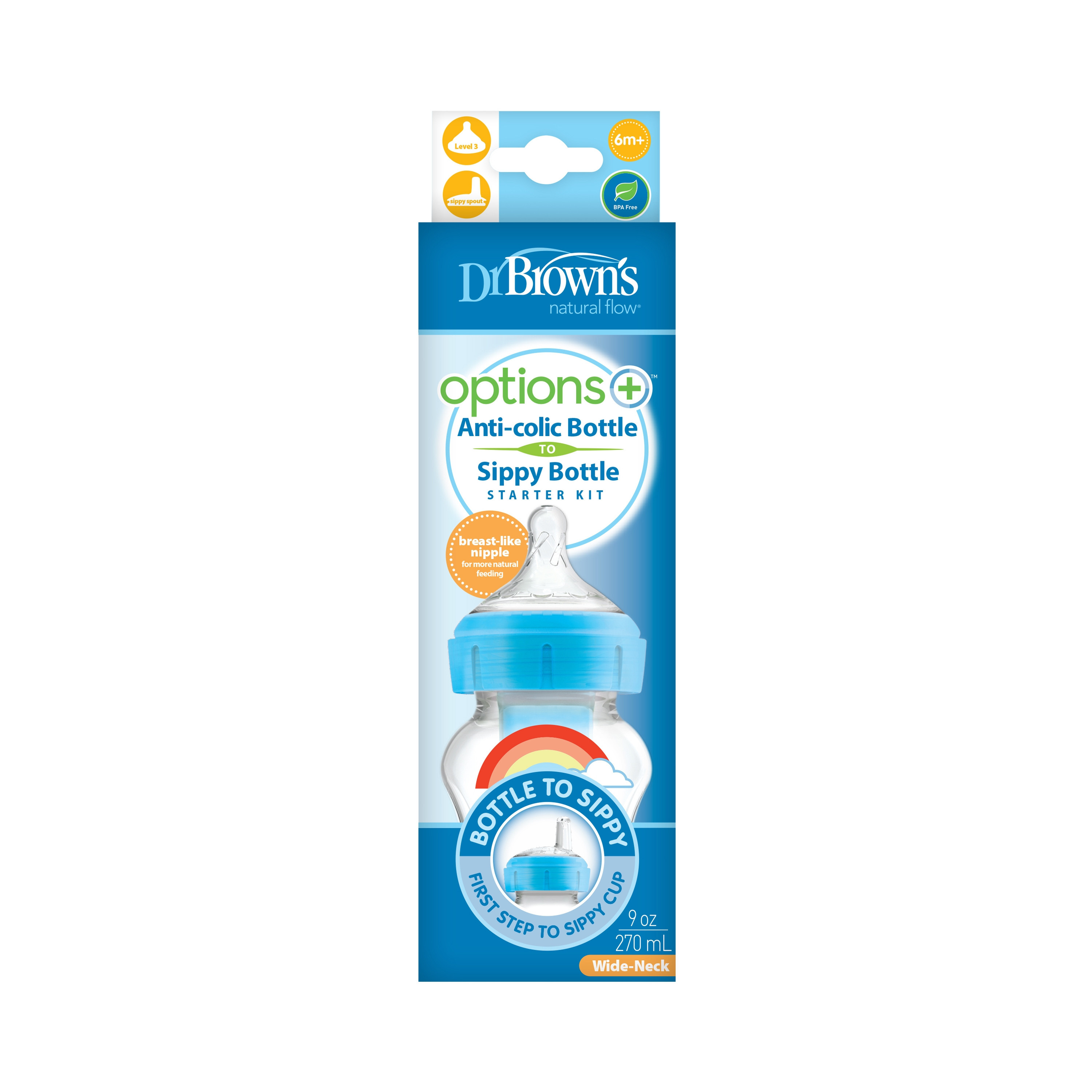 Dr. Brown's Wide Neck Options+ Glass Feeding Bottle with Sippy Spout - Rainbow Blue - 270 ml-baby-feeding-feedingbottles-bottlesandteats-image-3