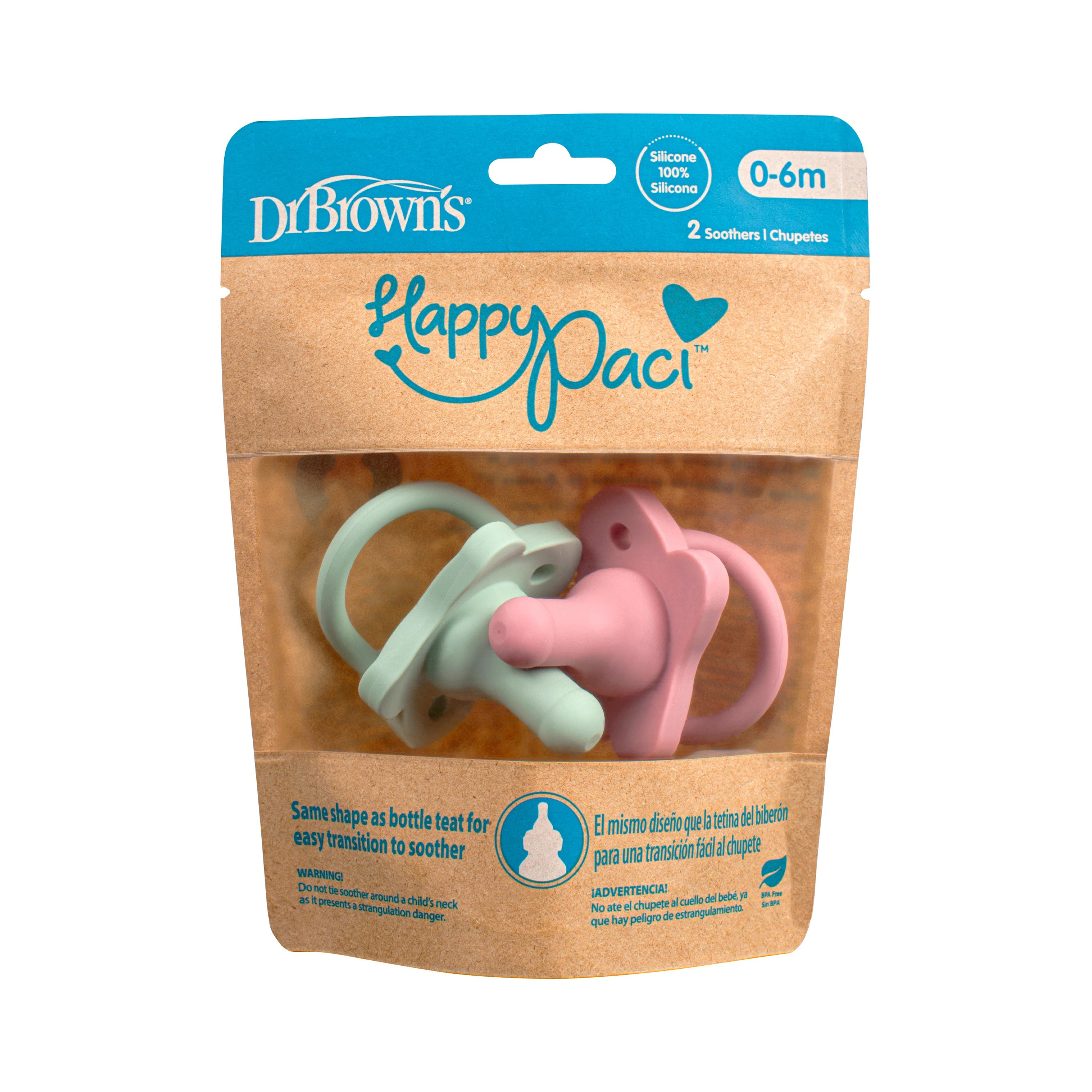 Dr. Brown's 2-Piece Happypaci 100% Silicone Pacifier - Pink & Green - 0-6 Months-baby-feeding-pacifiers-image-2