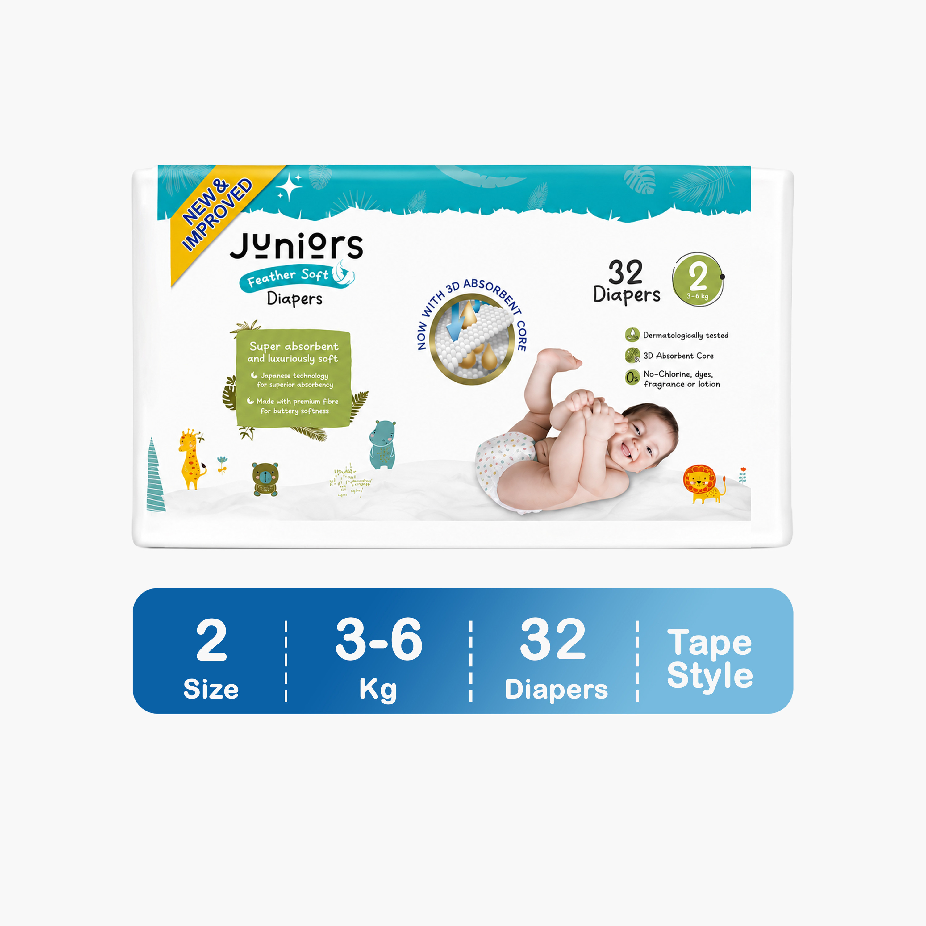عبوة حفاضات اقتصادية فائقة النعومة 32 قطعة مقاس 2 بشريط لاصق من جونيورز - 3-6 كجم-baby-diapering-diapers-image-1