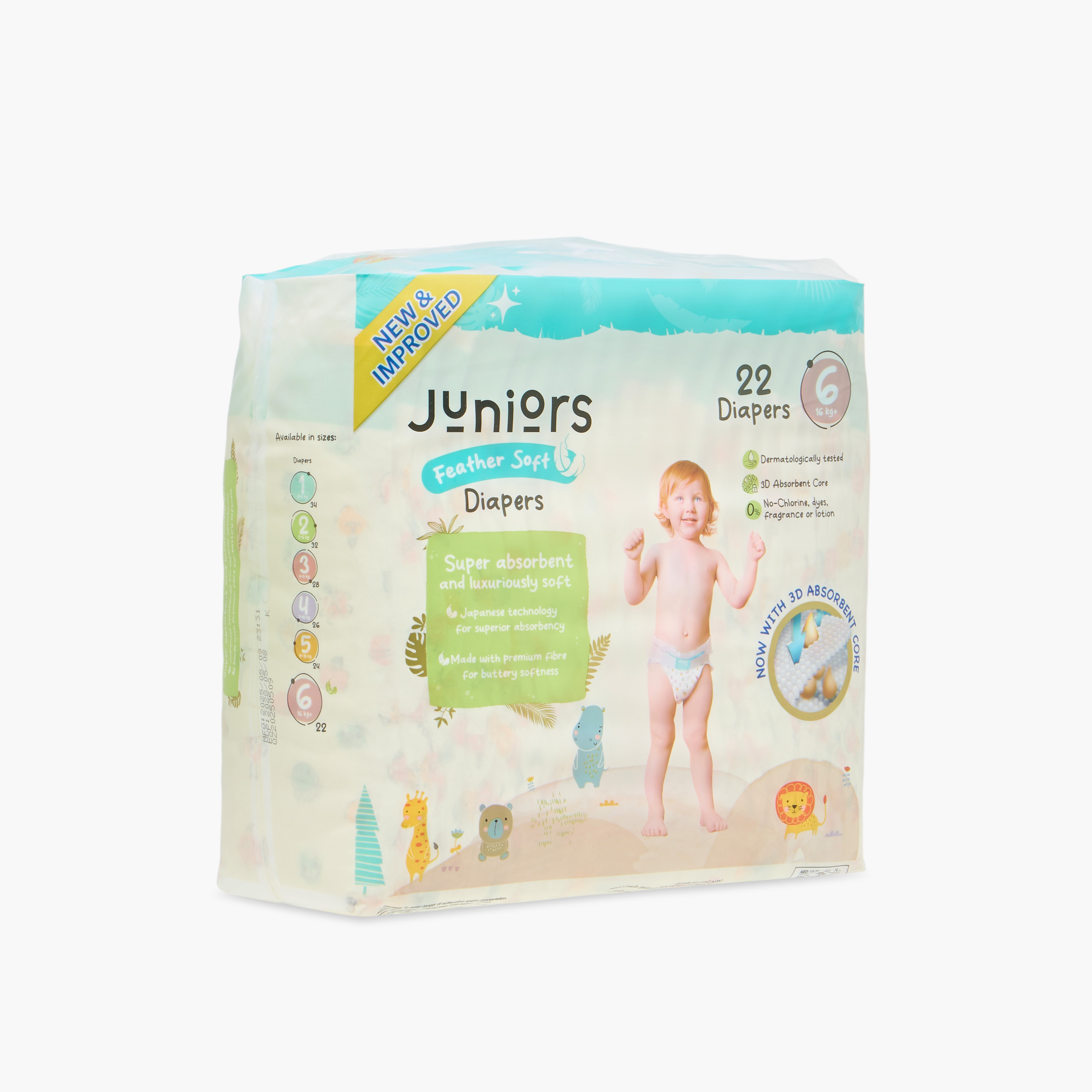 عبوة ميجا قيّمة حفّاضات بشريط لاصق 22 قطعة نعومة الريش مقاس 6 (11-18 كجم) من جونيورز-baby-diapering-diapers-image-3