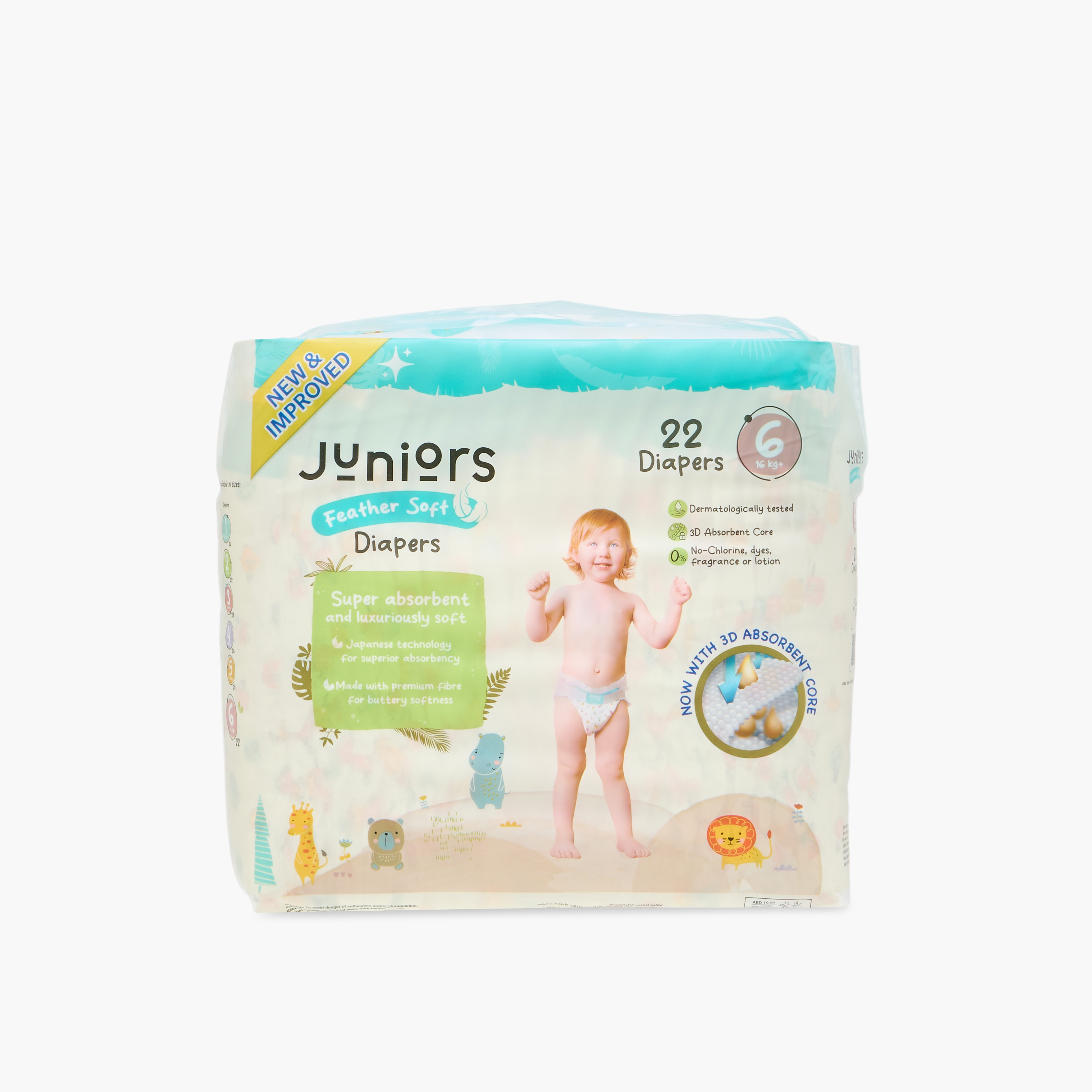 عبوة ميجا قيّمة حفّاضات بشريط لاصق 22 قطعة نعومة الريش مقاس 6 (11-18 كجم) من جونيورز-baby-diapering-diapers-image-2