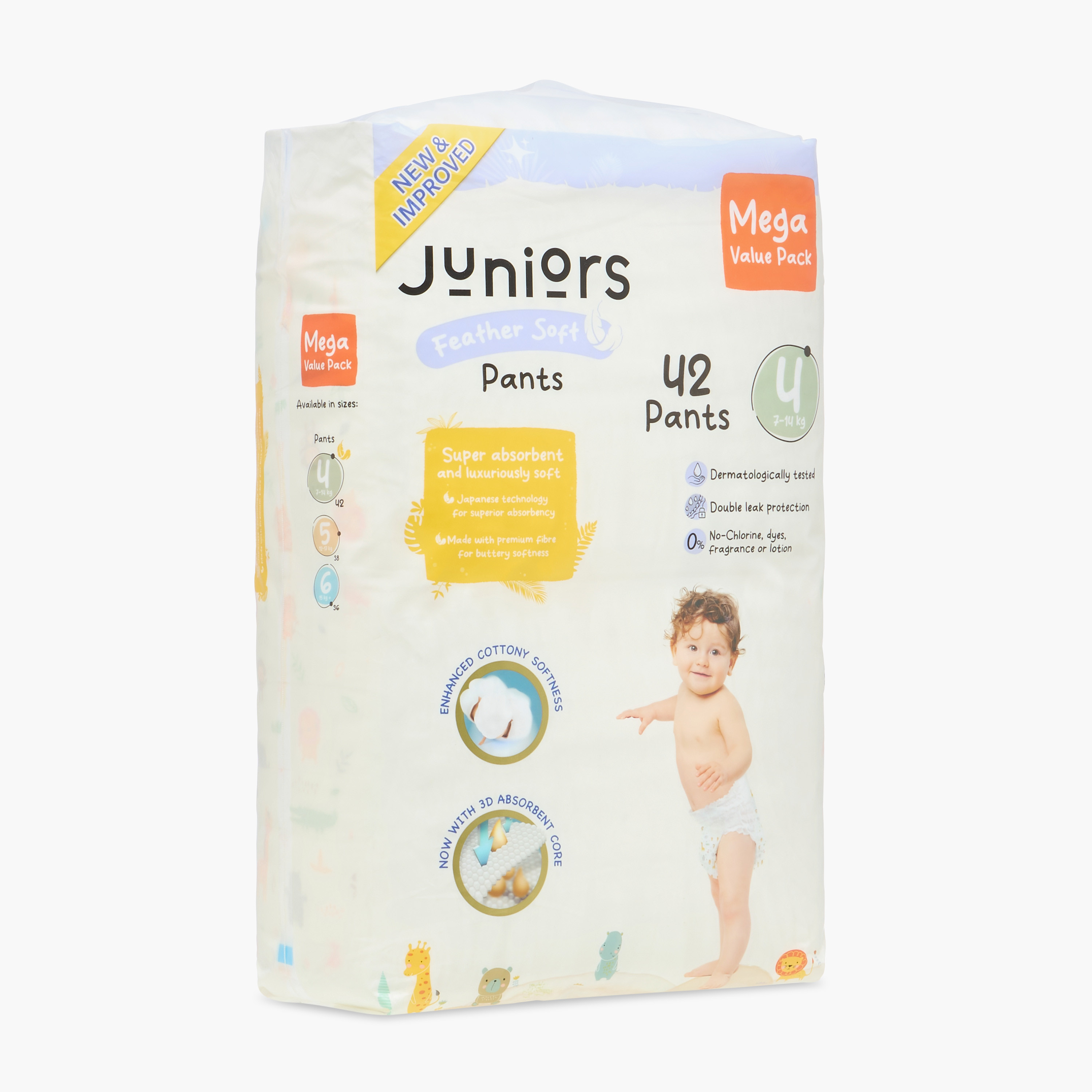 عبوة ميجا قيّمة حفّاضات بتصميم سروال 42 قطعة نعومة الريش مقاس 4 (7-14 كجم) من جونيورز-baby-diapering-diapers-image-3