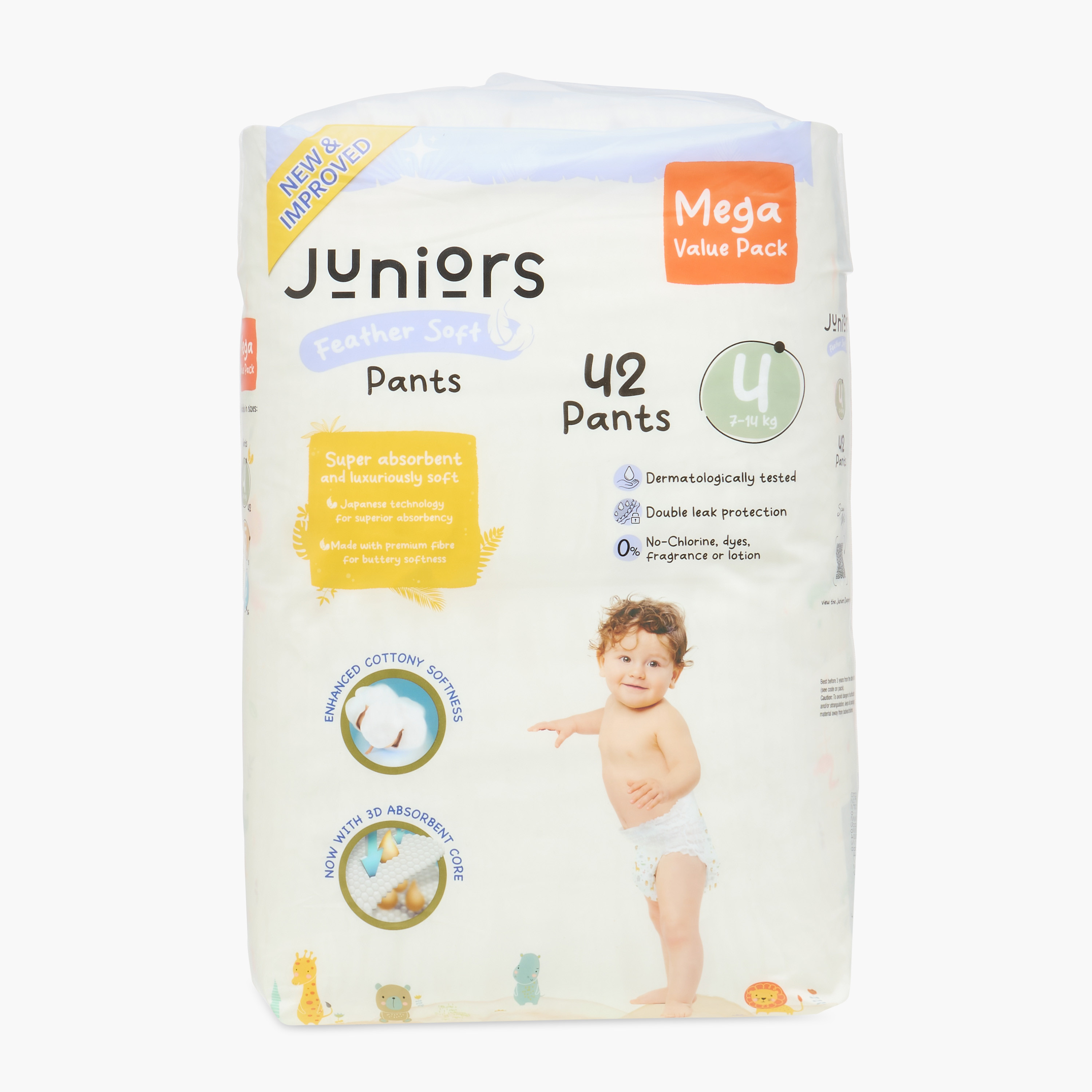 عبوة ميجا قيّمة حفّاضات بتصميم سروال 42 قطعة نعومة الريش مقاس 4 (7-14 كجم) من جونيورز-baby-diapering-diapers-image-2