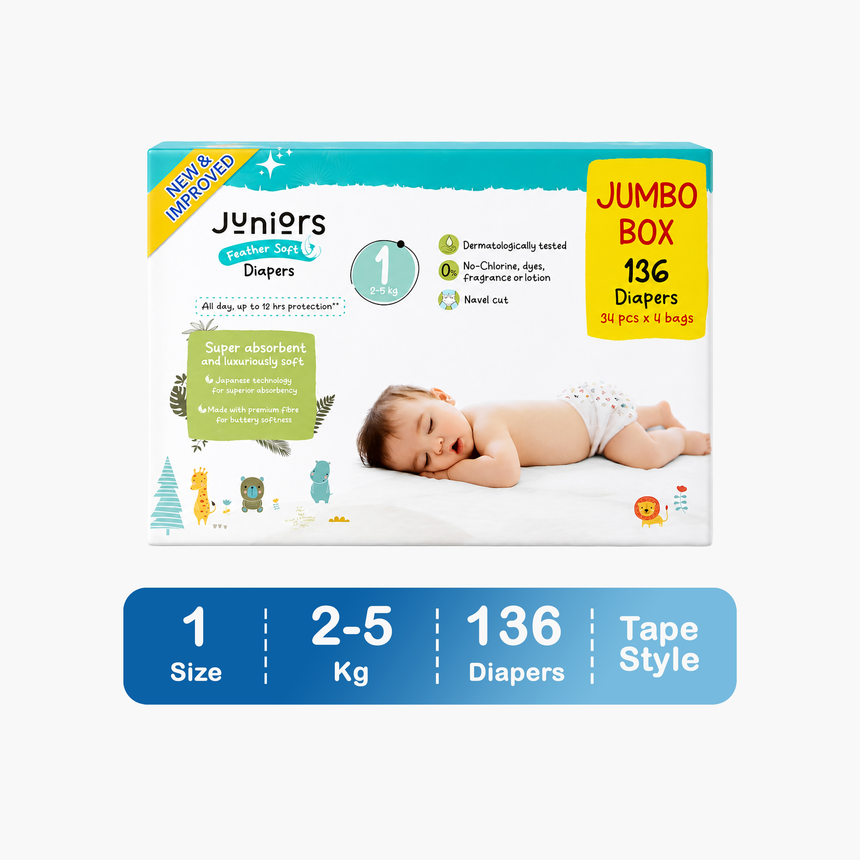 Juniors 136-Piece Tape Style Diapers Size 1 (2-5 kg) Feather Soft Mega Value Box-baby-diapering-diapers-image-1