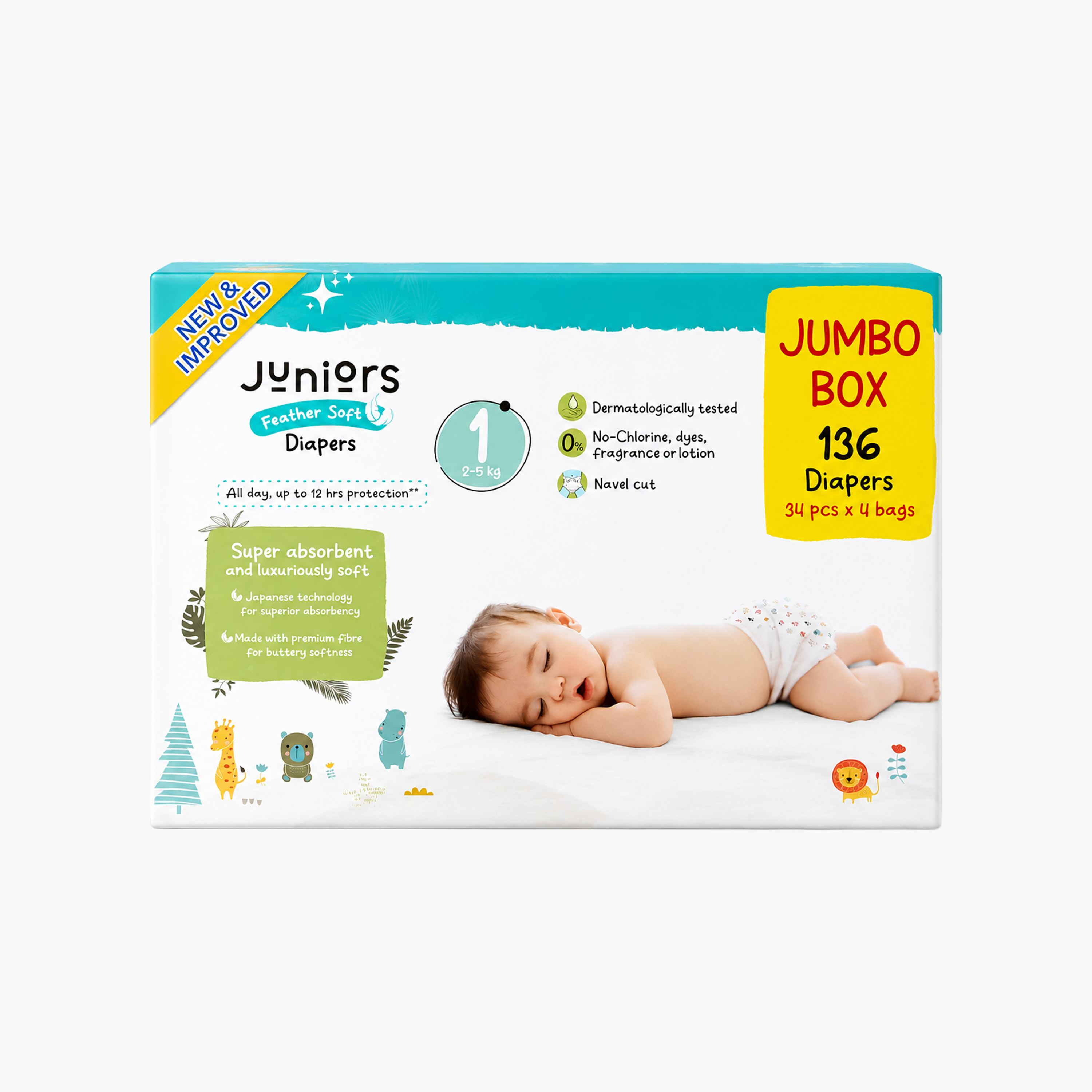 Juniors 136-Piece Tape Style Diapers Size 1 (2-5 kg) Feather Soft Mega Value Box-baby-diapering-diapers-image-2