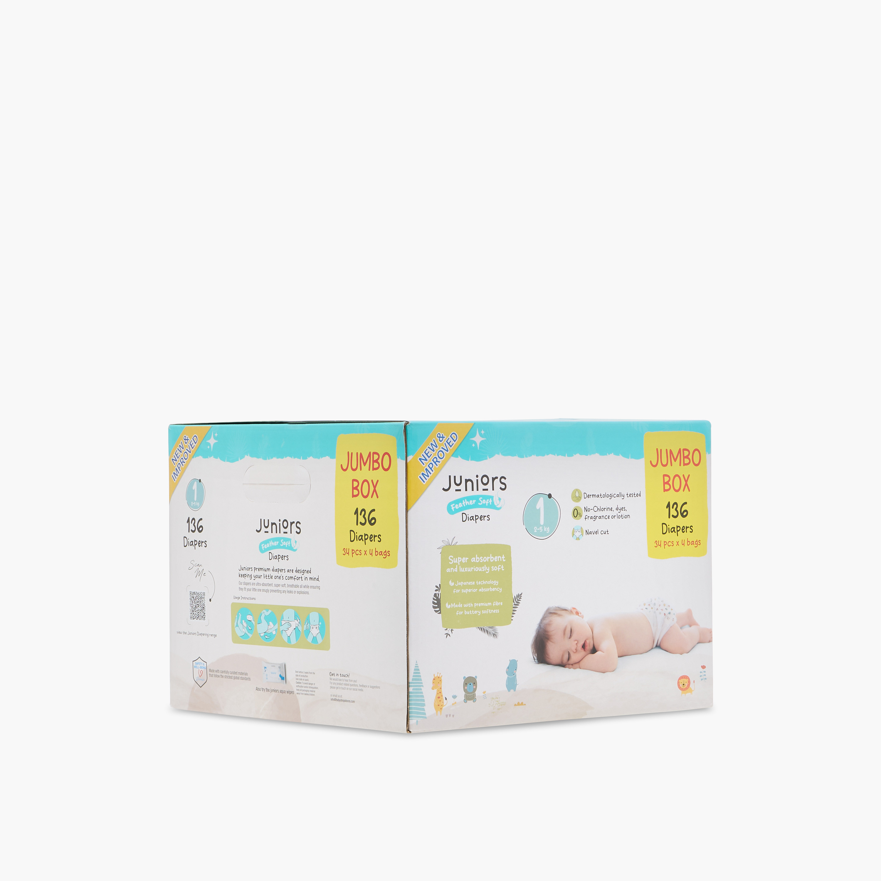 Juniors 136-Piece Tape Style Diapers Size 1 (2-5 kg) Feather Soft Mega Value Pack-baby-diapering-diapers-image-1