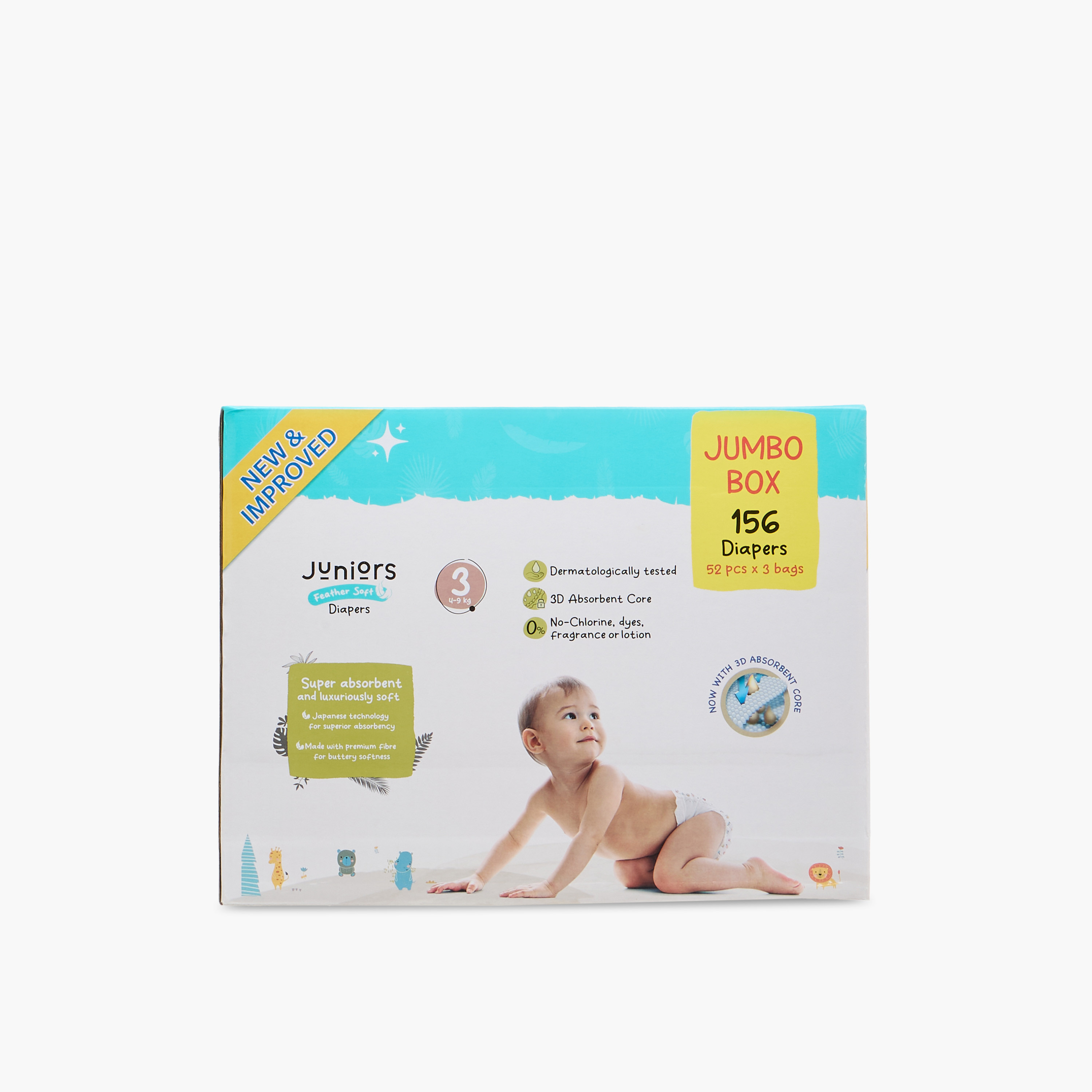 عبوة ميجا قيّمة حفّاضات بشريط لاصق 156 قطعة نعومة الريش مقاس 3 (4-9 كجم) من جونيورز-baby-diapering-diapers-image-4