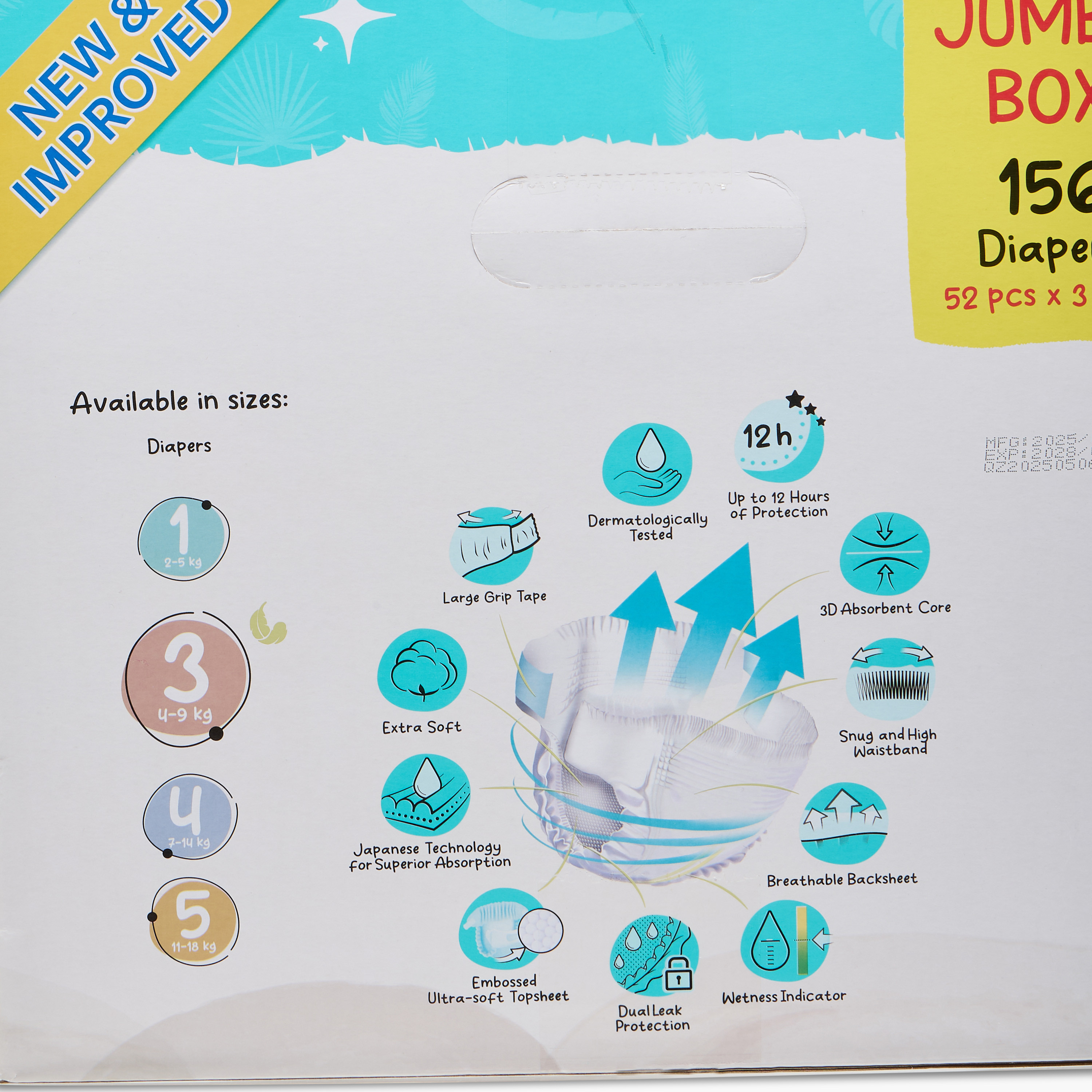 عبوة ميجا قيّمة حفّاضات بشريط لاصق 156 قطعة نعومة الريش مقاس 3 (4-9 كجم) من جونيورز-baby-diapering-diapers-image-1