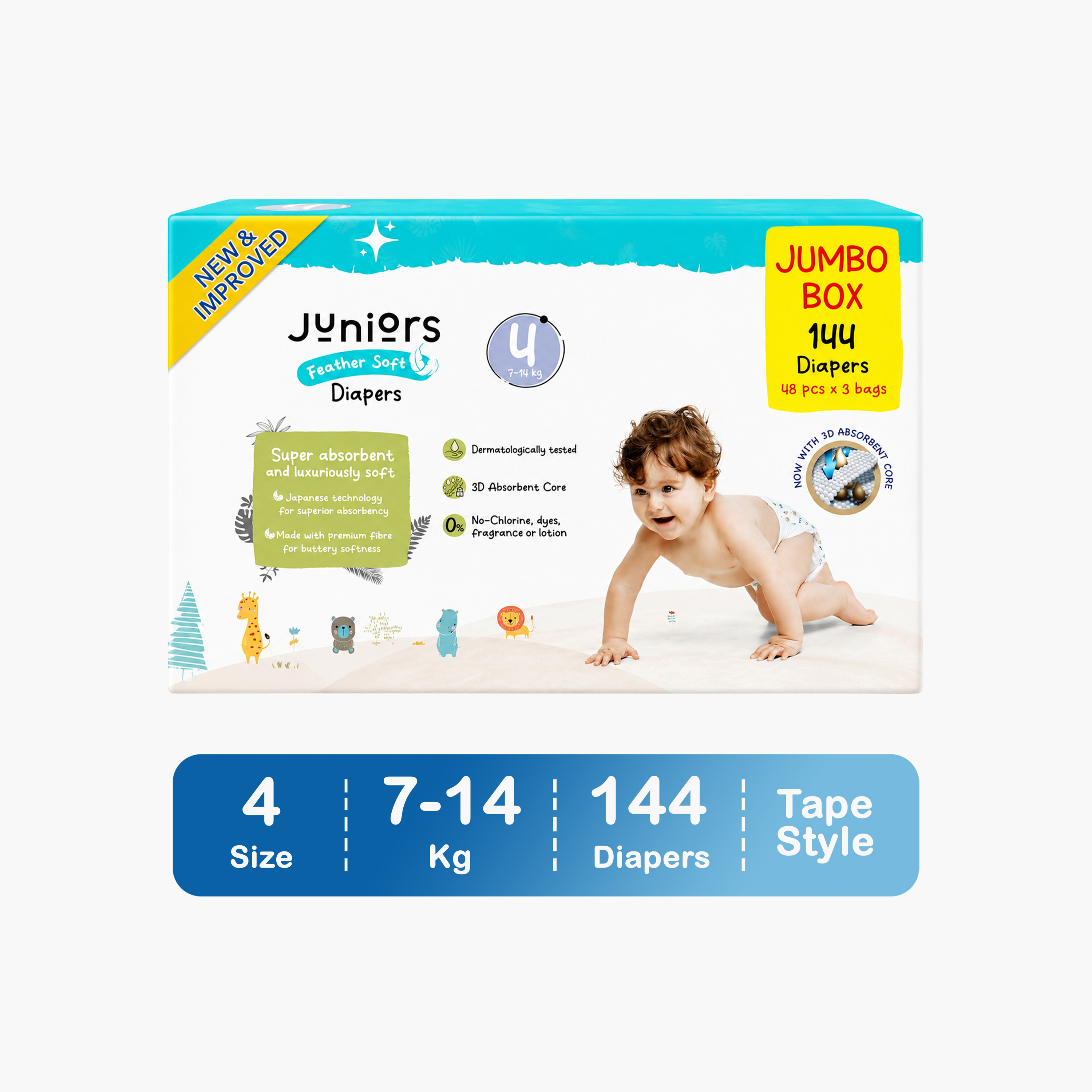 عبوة حفاضات اقتصادية كبيرة فائقة النعومة 144 قطعة مقاس 4 بشريط لاصق من جونيورز - 7-14 كجم-baby-diapering-diapers-image-1