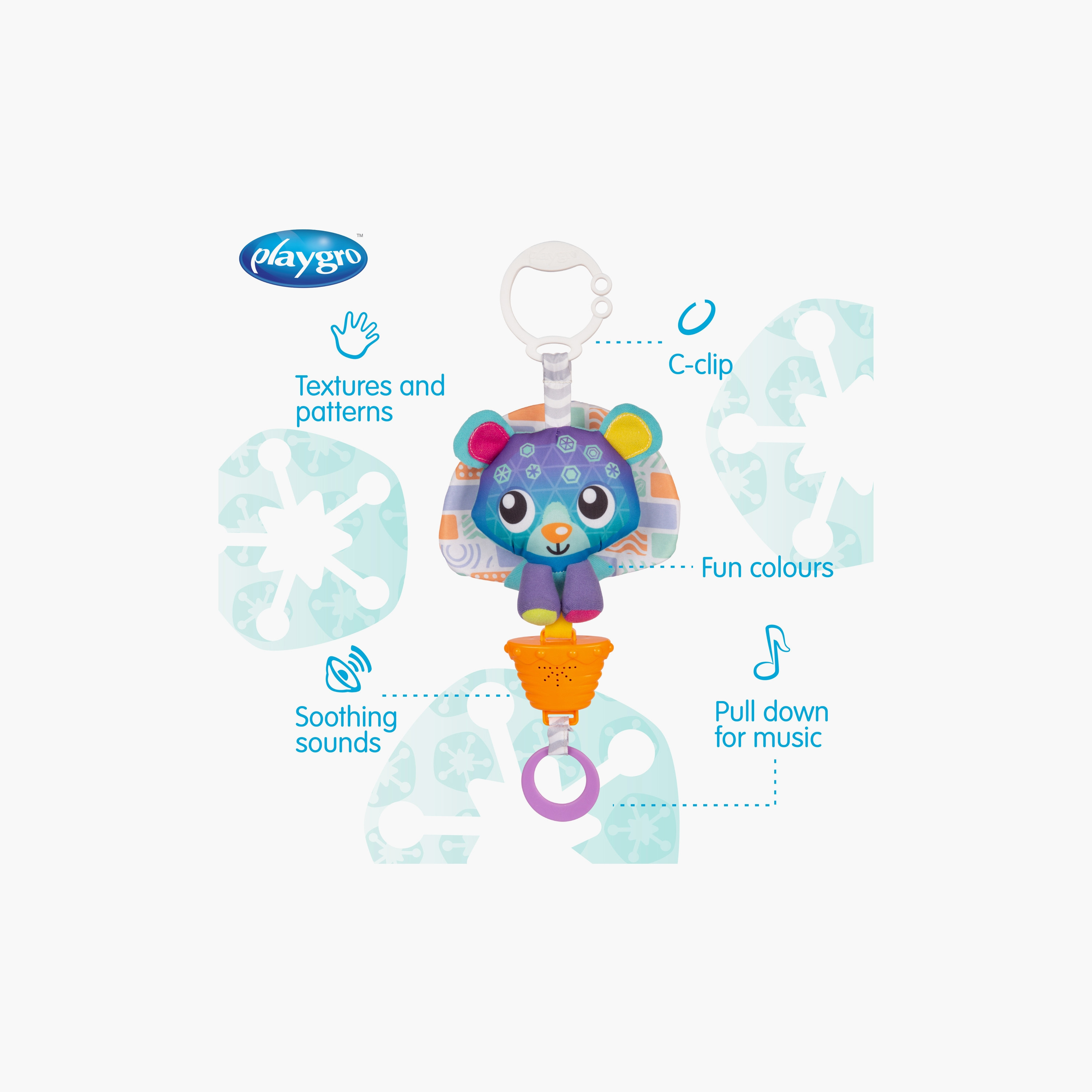 Playgro Polar Pals Musical Pullstring Arctic Bear Clip-On Stroller Hanging Toy - 0 Months+-toys-babyandtoddlertoys-strollertoys-image-2