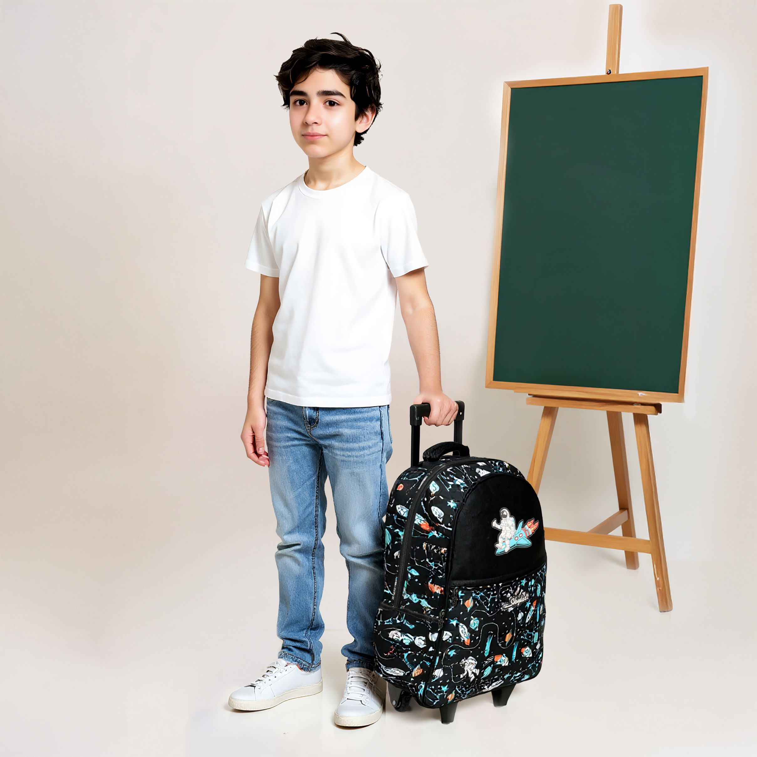 Skylar Astronaut Glow-in-the-Dark Print Trolley Backpack with Retractable Handle - 27x14x21 cms-school-bagsandbackpacks-trolleybags-image-2