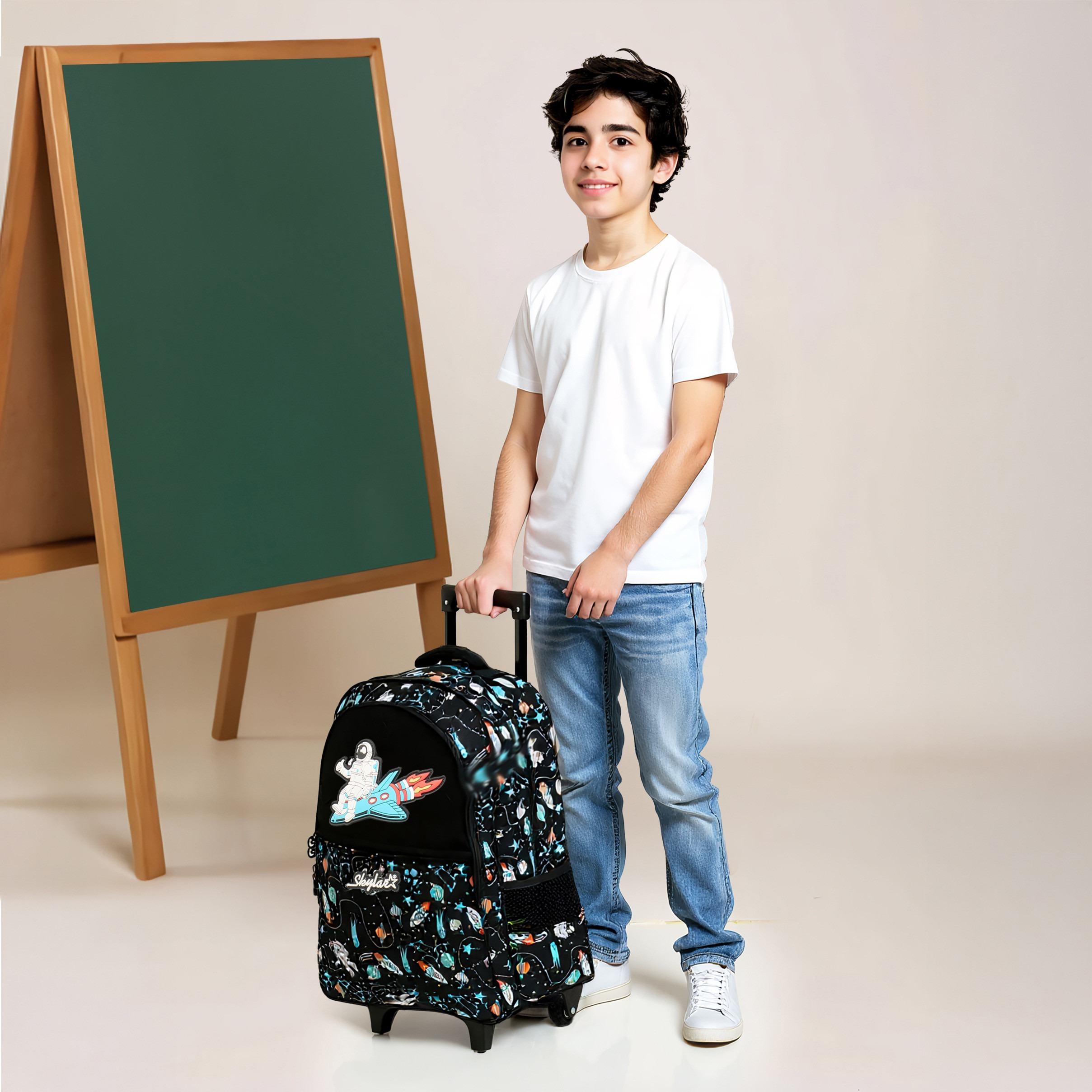 Skylar Astronaut Glow-in-the-Dark Print Trolley Backpack with Retractable Handle - 27x14x21 cms-school-bagsandbackpacks-trolleybags-image-3