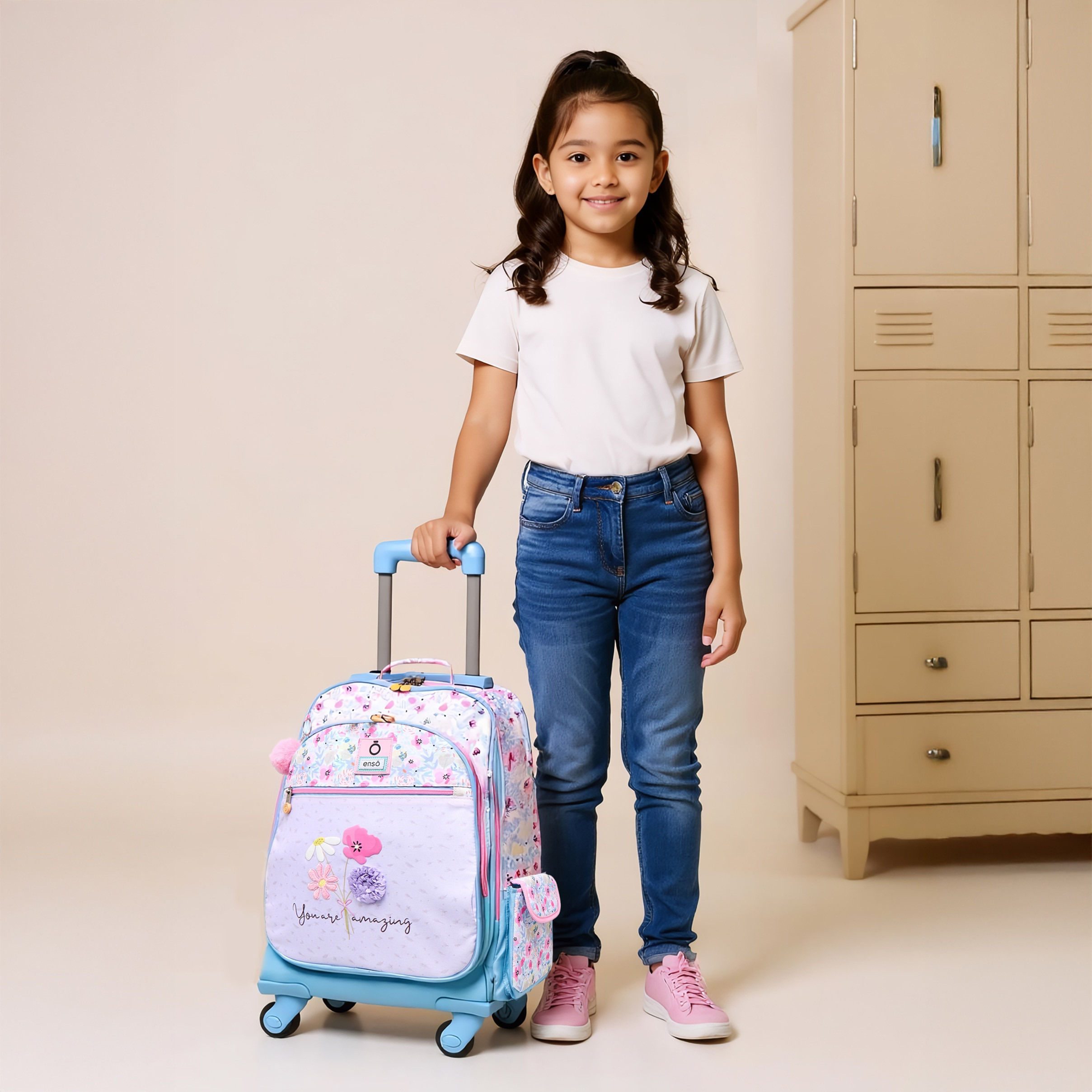 Enso Floral Trolley Bag for Girls 8-13 Years with Retractable Handle -school-bagsandbackpacks-trolleybags-image-2