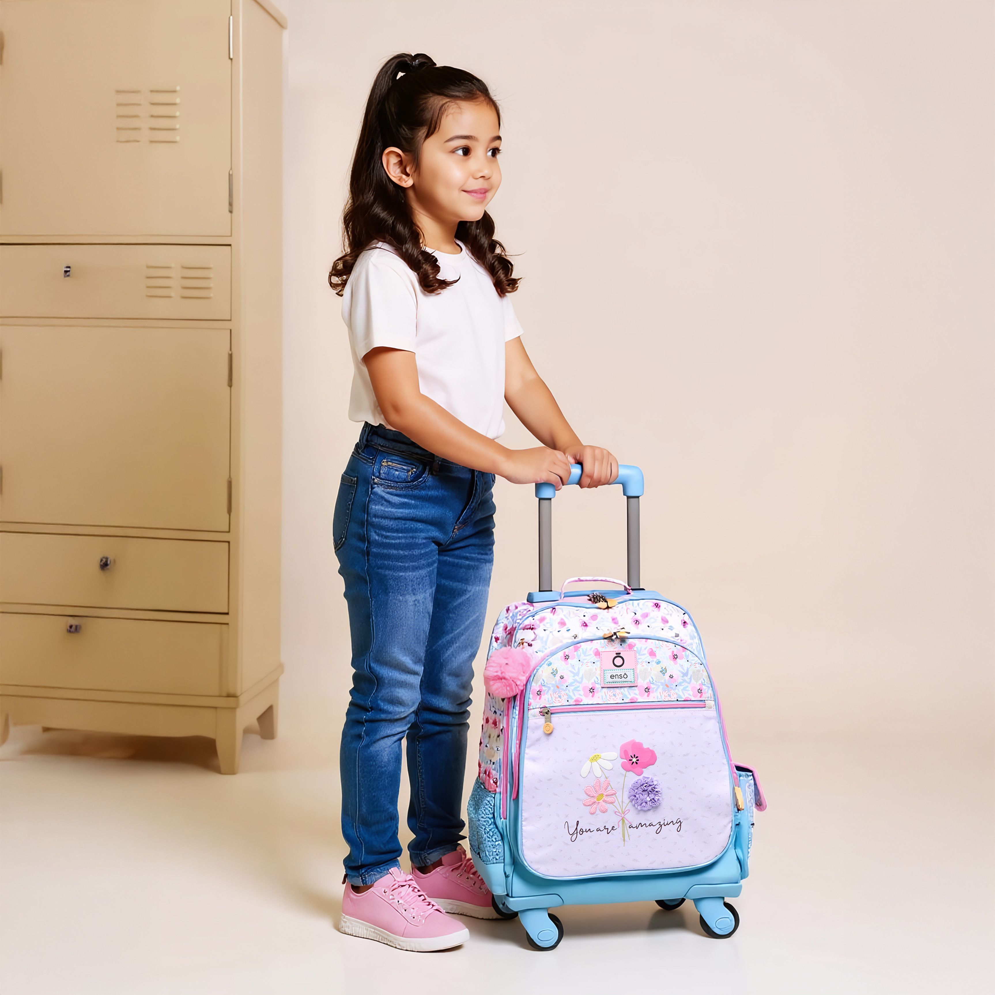 Enso Floral Trolley Bag for Girls 8-13 Years with Retractable Handle -school-bagsandbackpacks-trolleybags-image-3