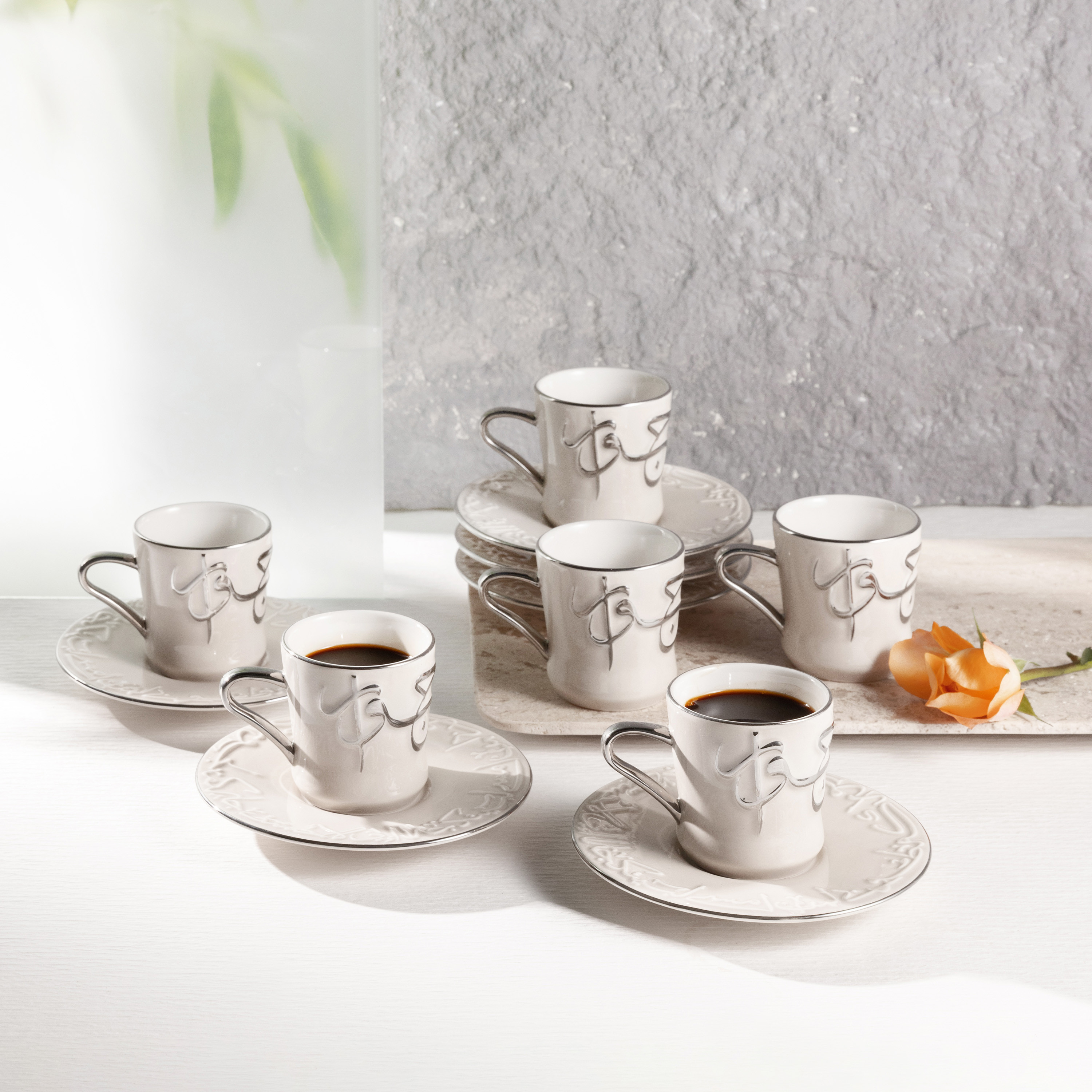 Otantik Jiwar 12-Piece Calligraphy Embossed Porcelain Tea Cup and Saucer Set - 90 ml-household-dining-teaandcoffee-teaandcoffeesets-image-1