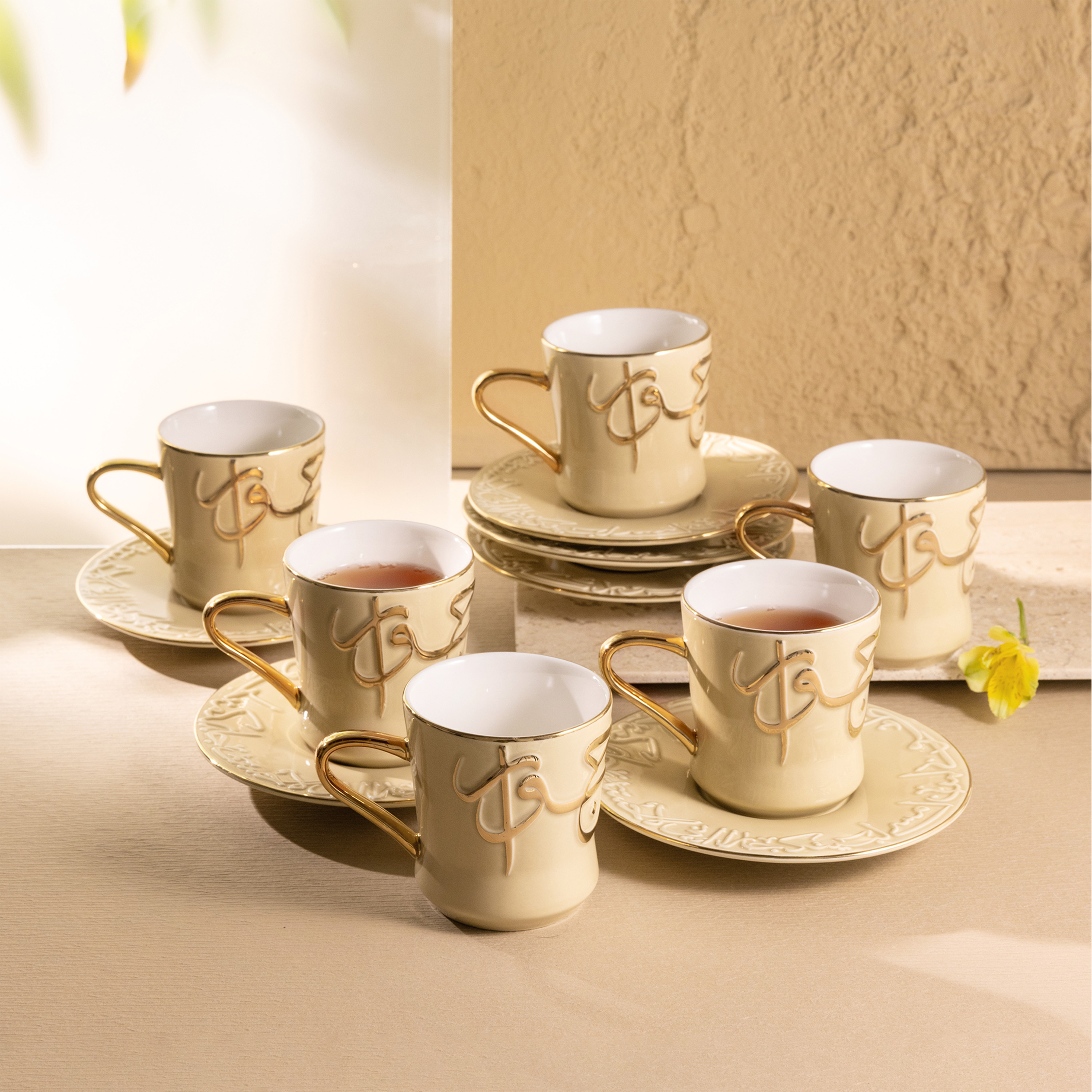 Otantik Jiwar 12-Piece Calligraphy Embossed Porcelain Tea Cup and Saucer Set - 200 ml-household-dining-teaandcoffee-teaandcoffeesets-image-1