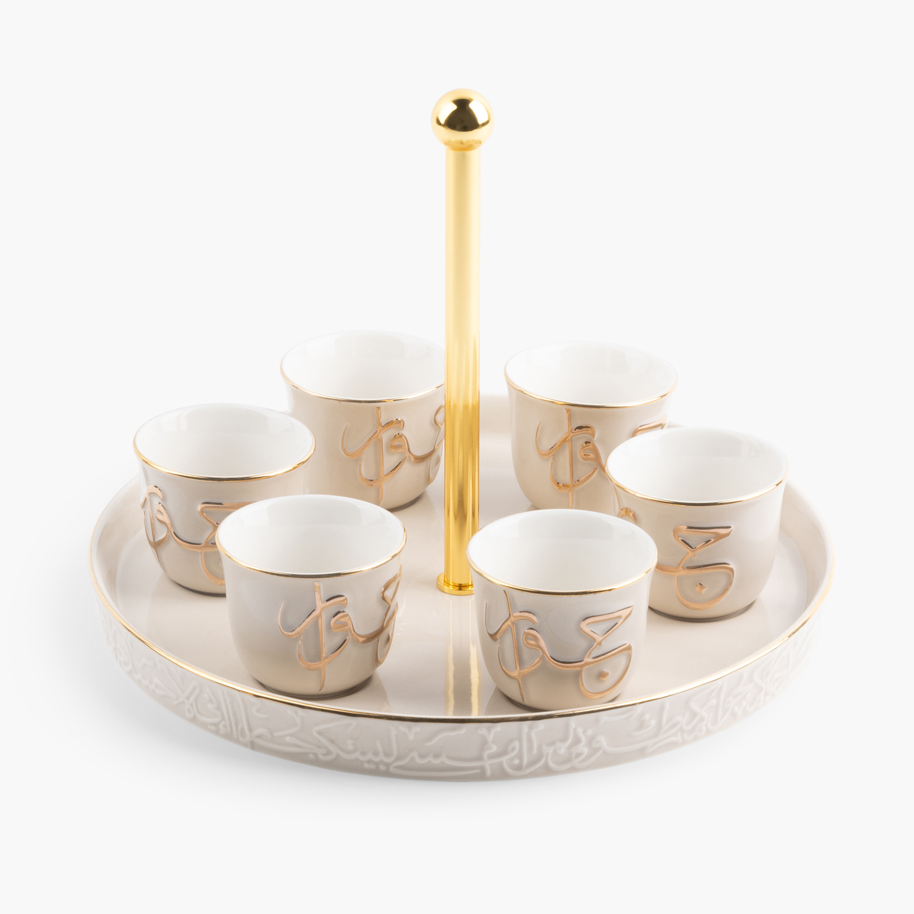Otantik Jiwar 6-Piece Calligraphy Embossed Porcelain Kahwa Cup Set with Stand - 50 ml-household-dining-teaandcoffee-teaandcoffeesets-image-1