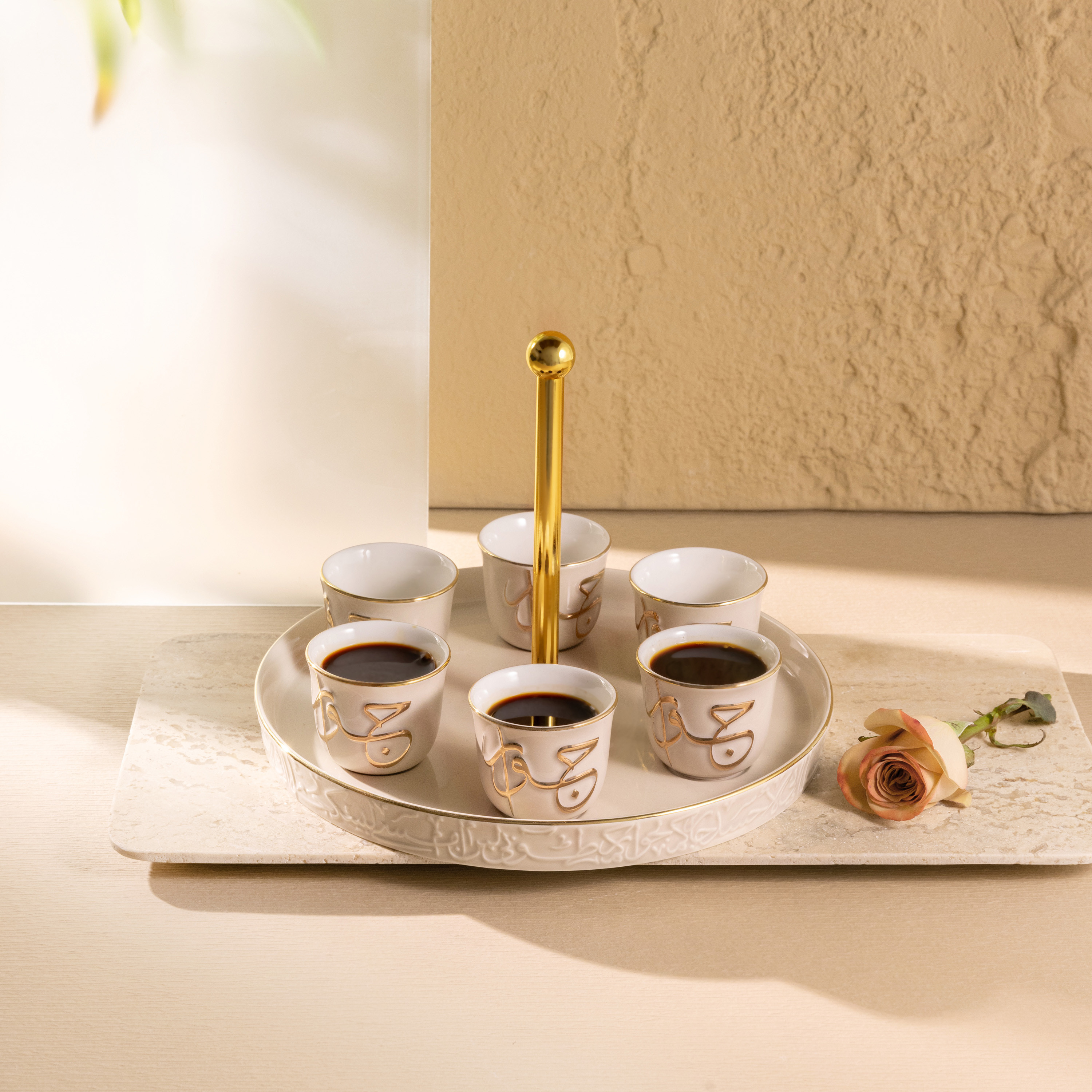 Otantik Jiwar 6-Piece Calligraphy Embossed Porcelain Kahwa Cup Set with Stand - 50 ml-household-dining-teaandcoffee-teaandcoffeesets-image-4