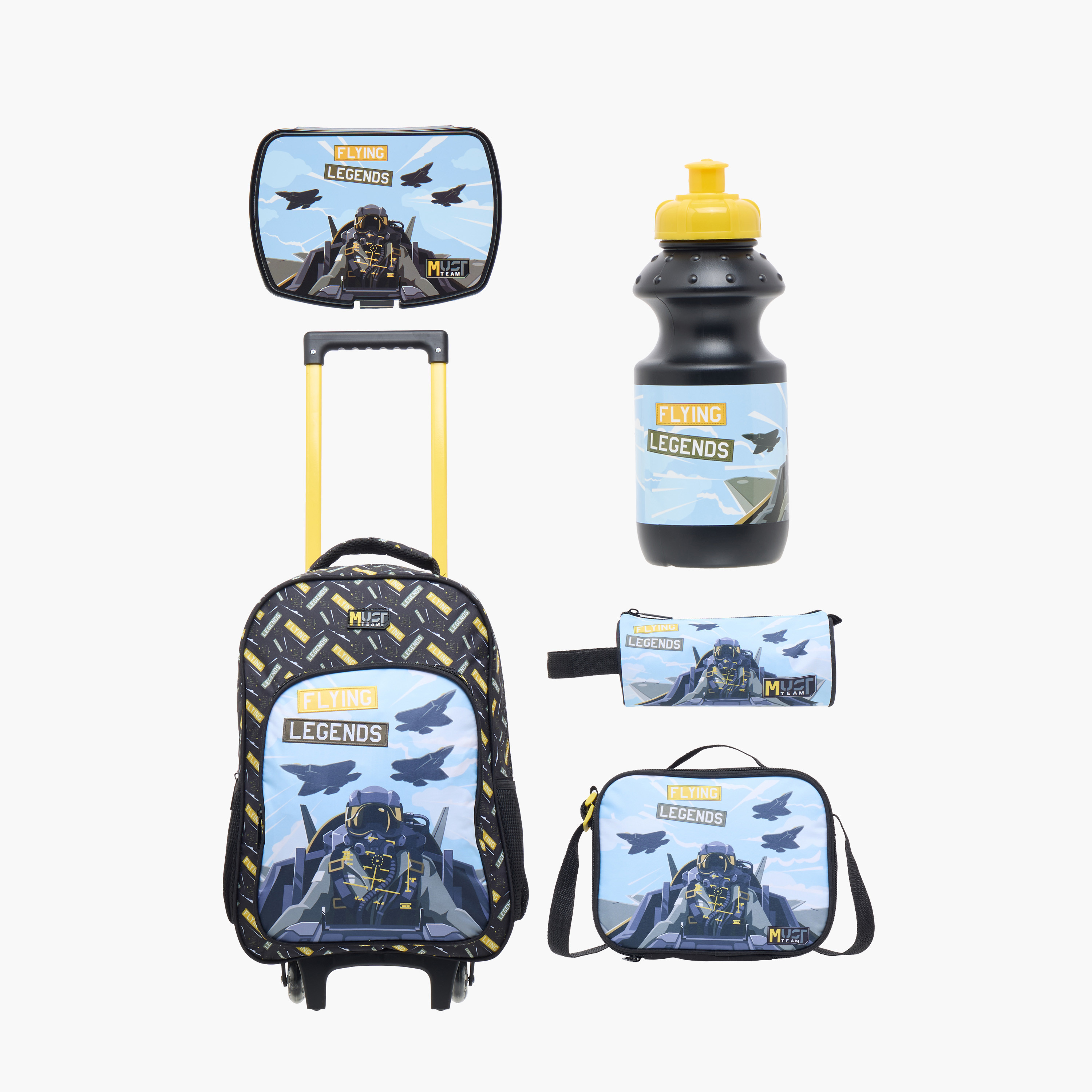 MUST 5-Piece Flying Legends Print 16-inch Trolley Backpack Set - 43x30x13 cms-school-bagsandbackpacks-trolleybags-image-1