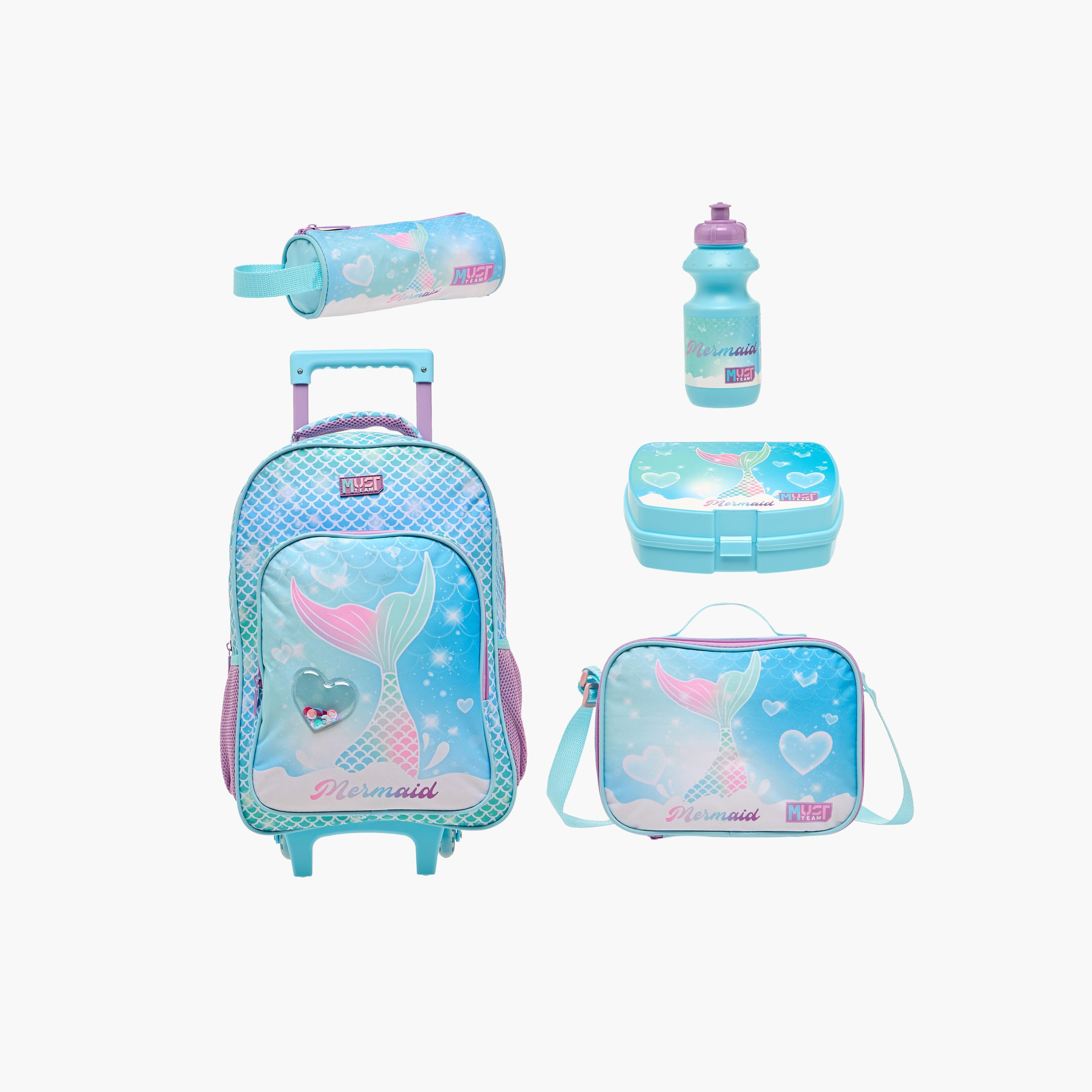 MUST Mermaid 5-Piece School Trolley Bag Set for Girls 5-8 Years with Lunch Bag and Pencil Pouch -promo_LS20_OMN-image-1